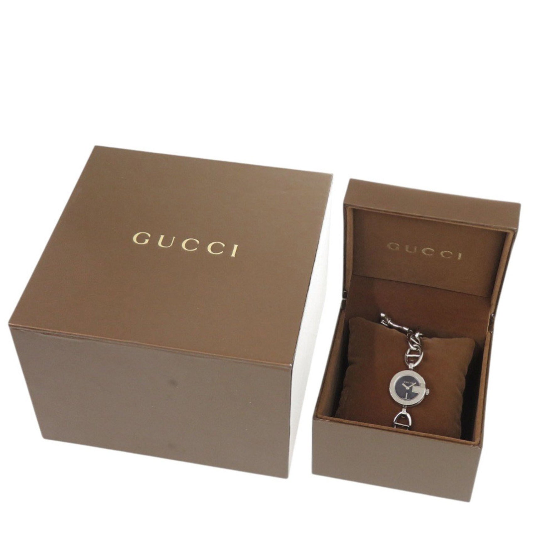 Gucci Chain Bracelet Charm 107 Stainless Steel Black Silver Dial Quartz Watch 1509