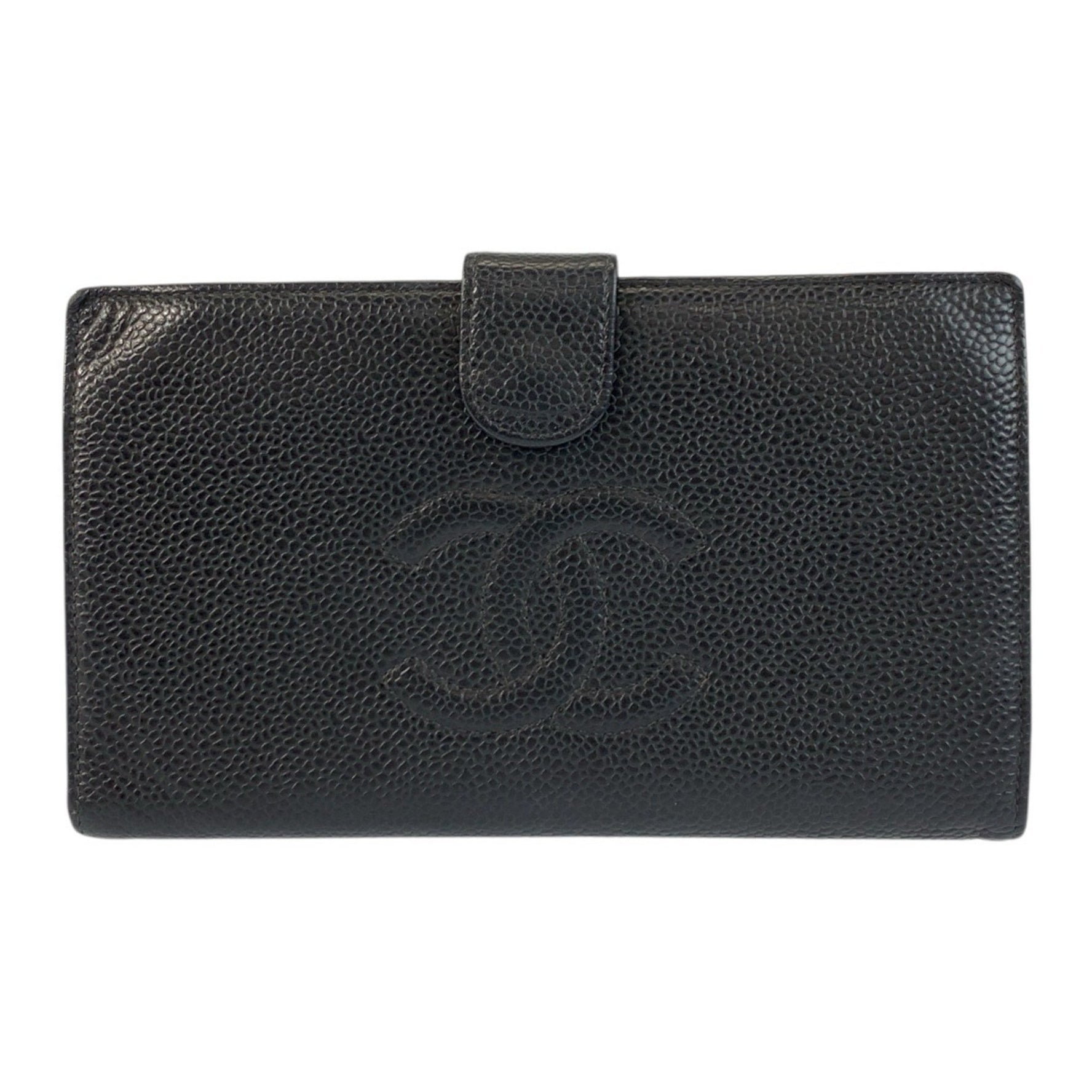 CHANEL Vintage Coco Mark Caviar Leather Folding Wallet with Gold Hardware, Clasp Closure, Compact