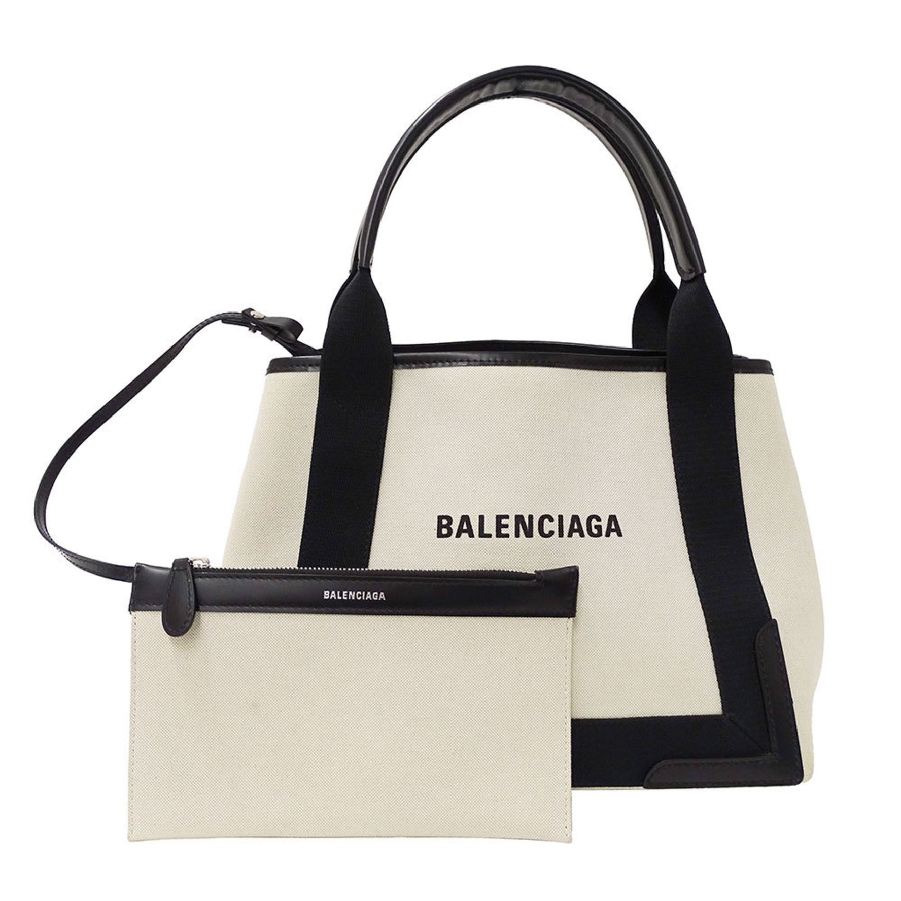 Balenciaga Navy Cabas S Canvas Handbag in White and Black. Includes a simple pouch.