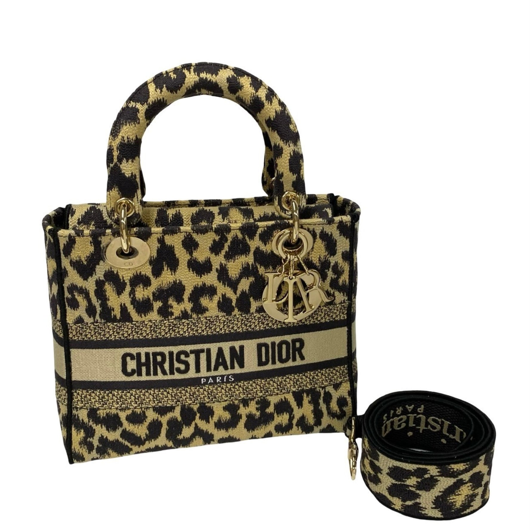 Christian Dior Lady D-Lite Medium Canvas Leopard Print Handbag/Shoulder Bag