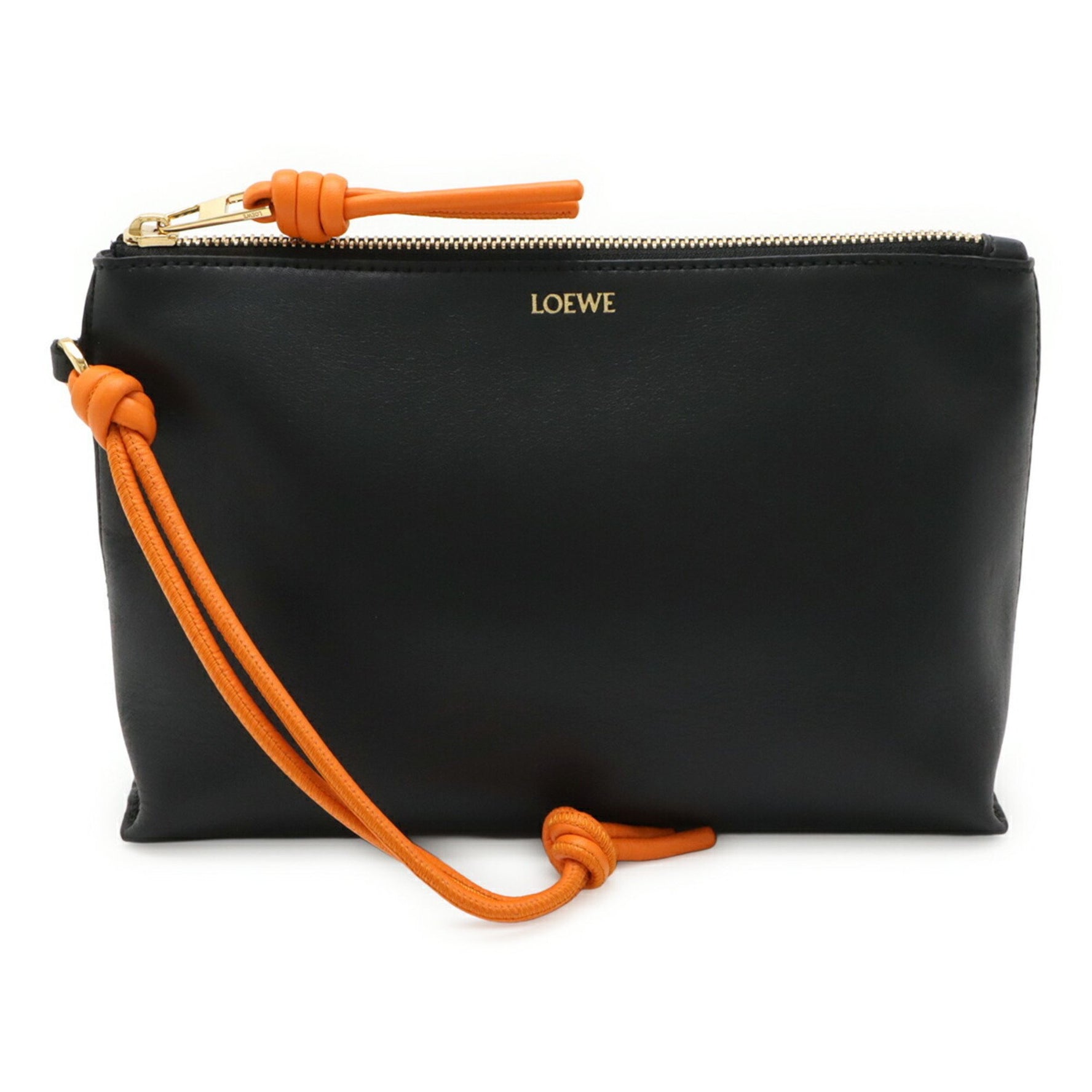 LOEWE Knot T Pouch Clutch Bag/Second Handbag in Black and Orange Calfskin Leather