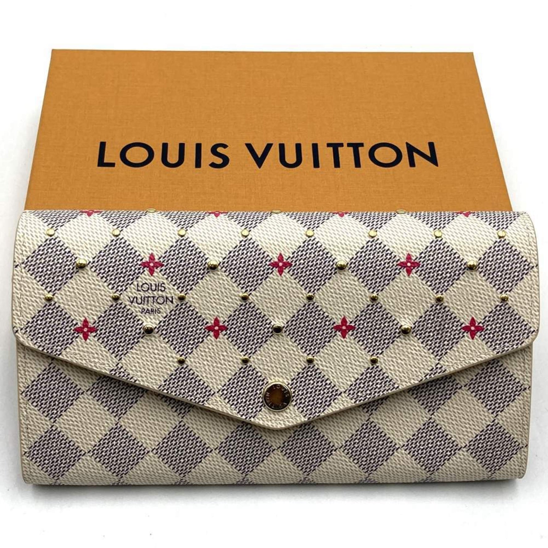 Louis Vuitton New Portefeuille Sarah Flower Studs Bi-fold Wallet Long Damier Azur Canvas Pink