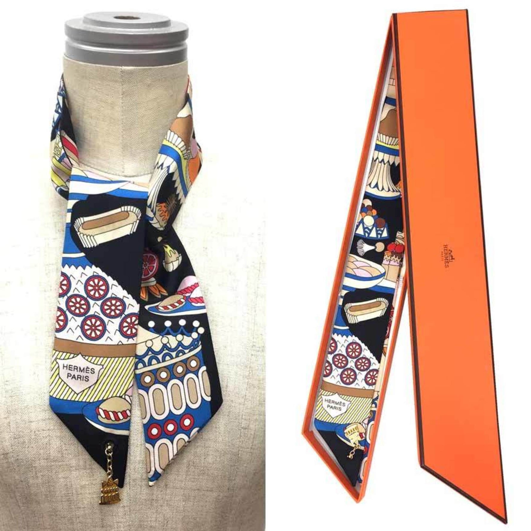 HERMES Twilly Charm La Patisserie Francaise 2023 100% Silk Scarf Muffler