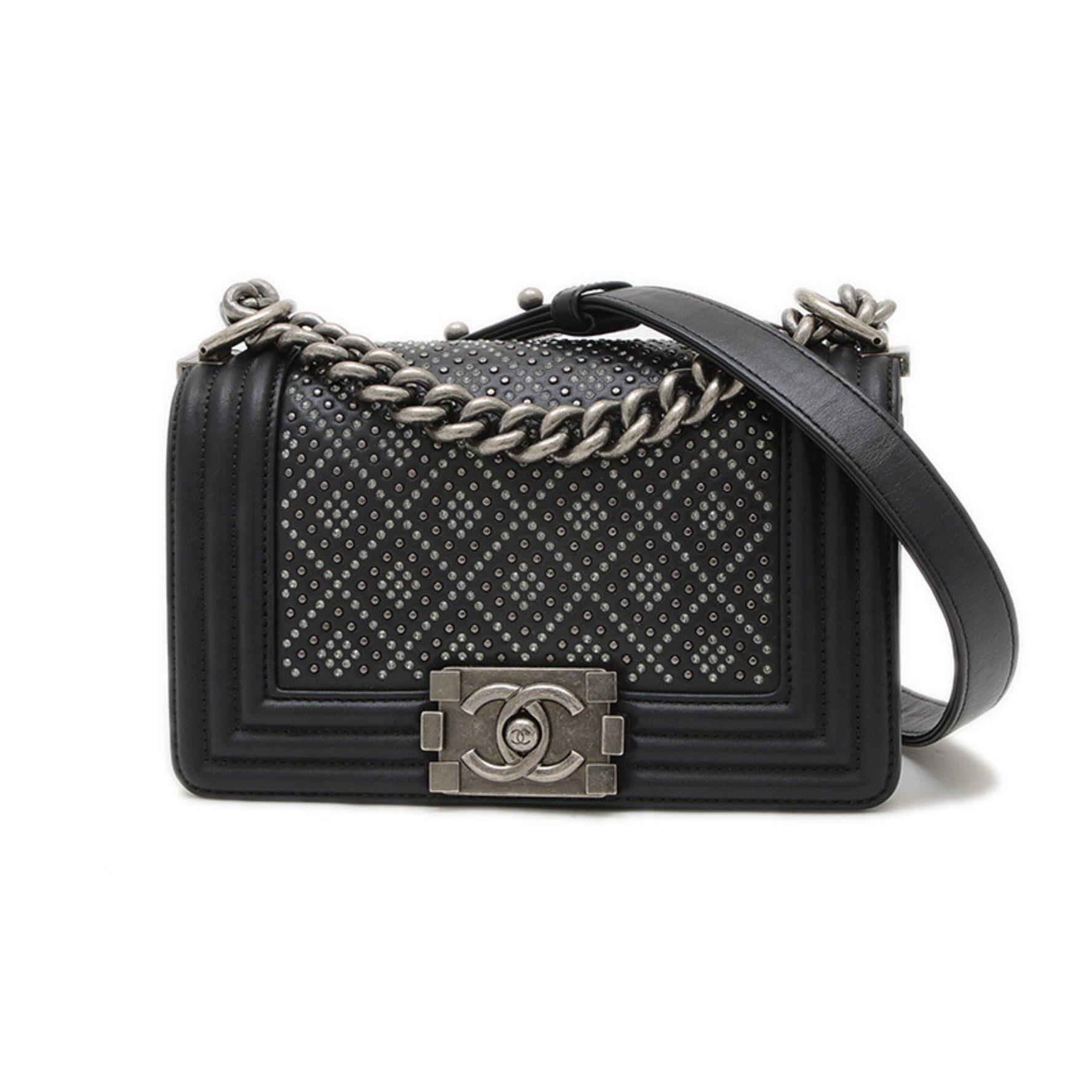 CHANEL Boy 20 Chain Shoulder Bag with Rhinestones and Lambskin in BP)