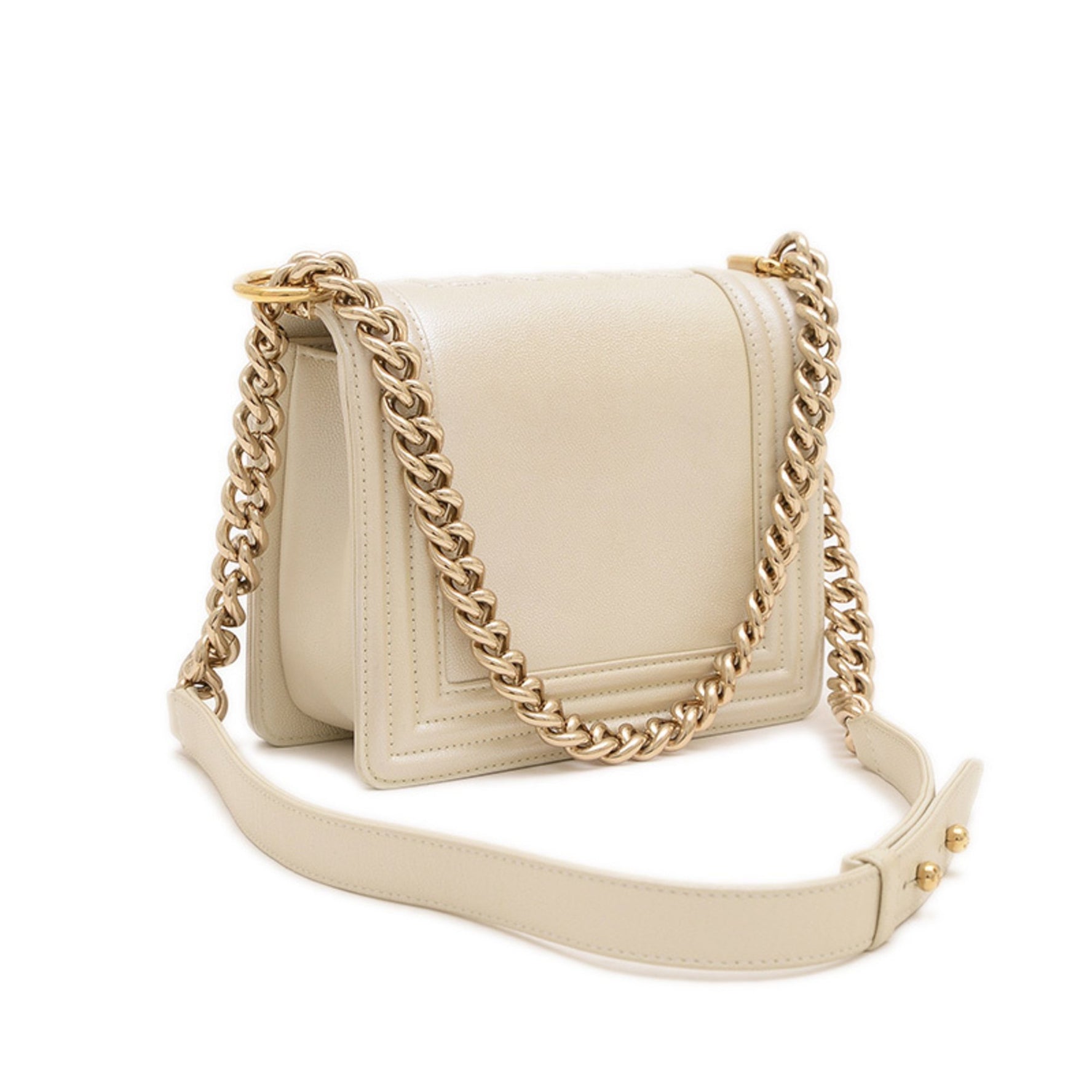 Chanel Boy Chain Shoulder Bag Calf Pearl White Gold Hardware BP