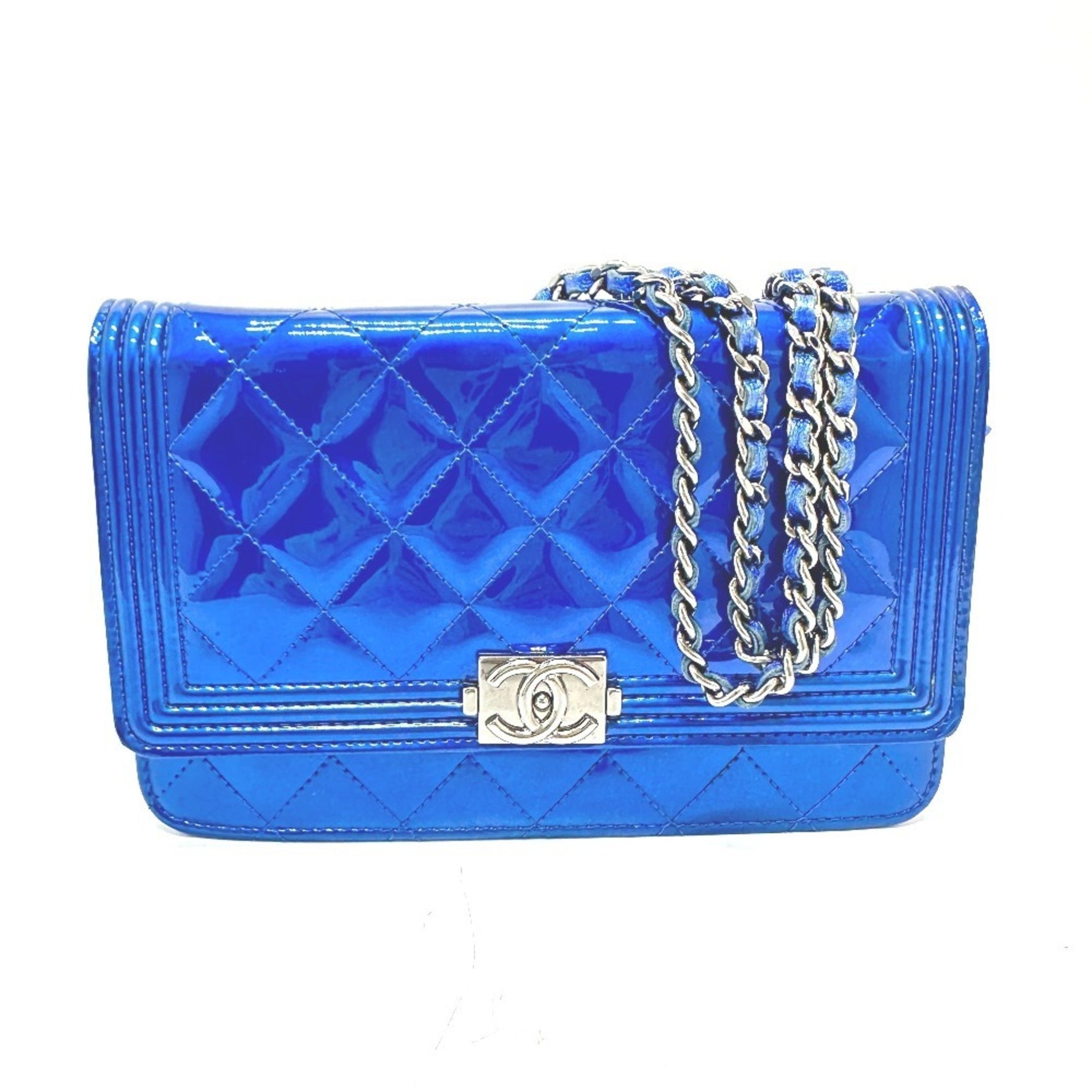 CHANEL long wallet chain bag Boy CC Coco Mark shoulder in patent leather, gunmetal blue