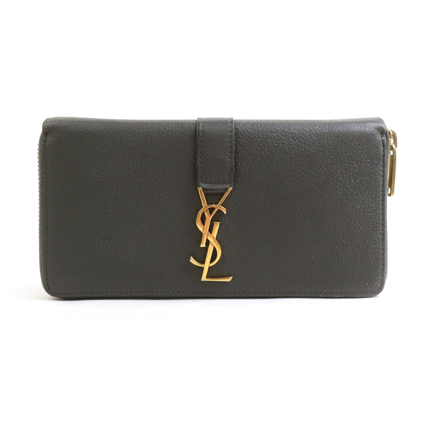 Saint Laurent round long wallet in khaki brown and gold leather women