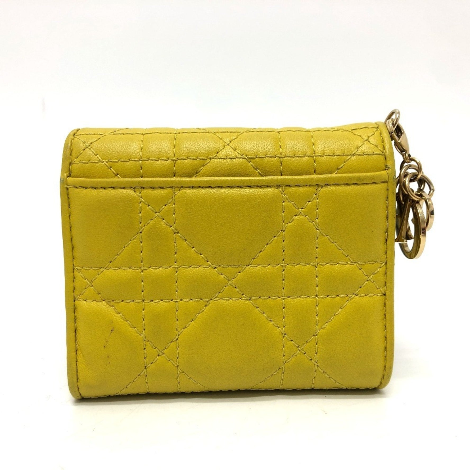 Christian Dior Dior Lady Cannage Lotus Wallet Compact Tri-fold Leather Gold Hardware