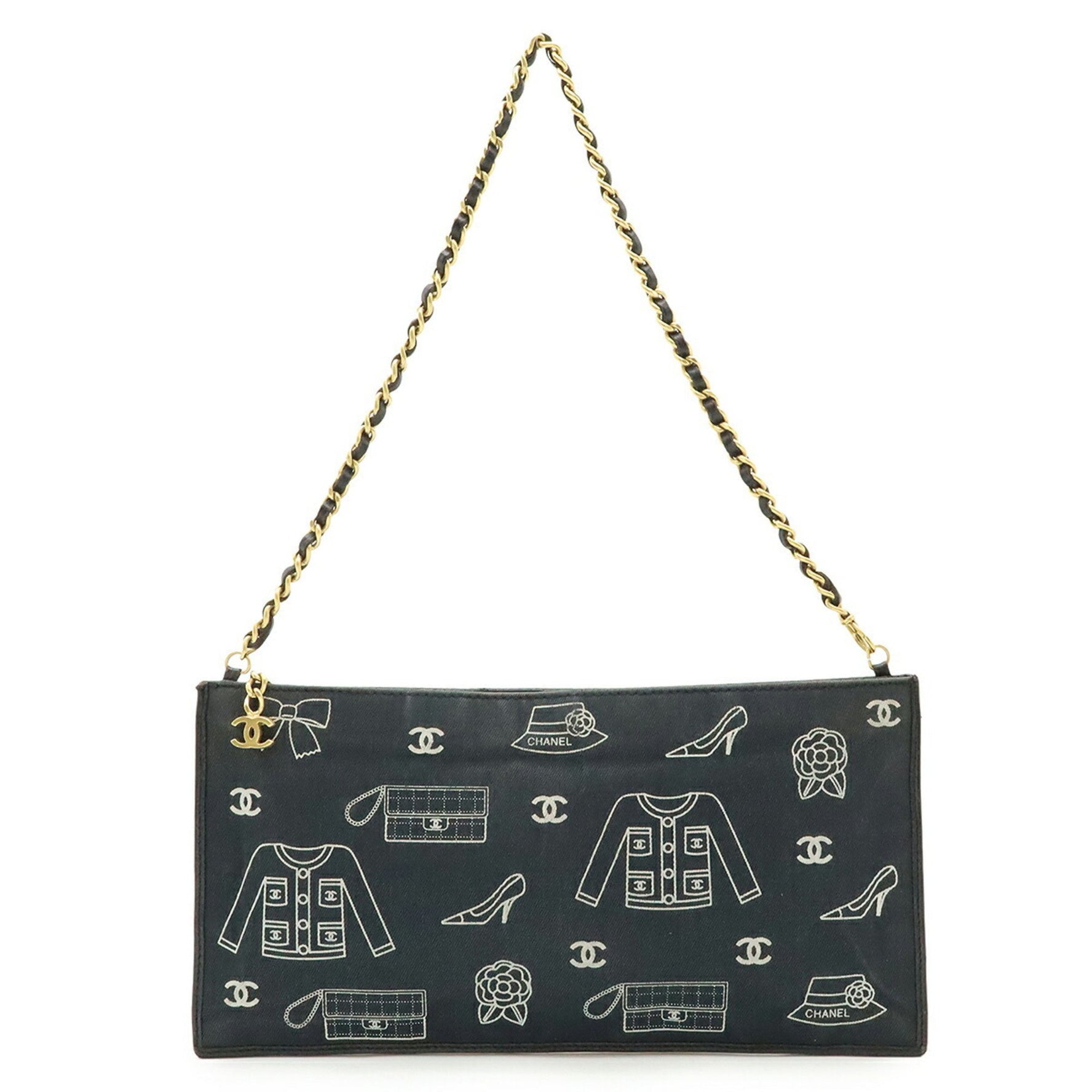 CHANEL Icon Print Chain Shoulder Bag in Canvas and Leather (Black)