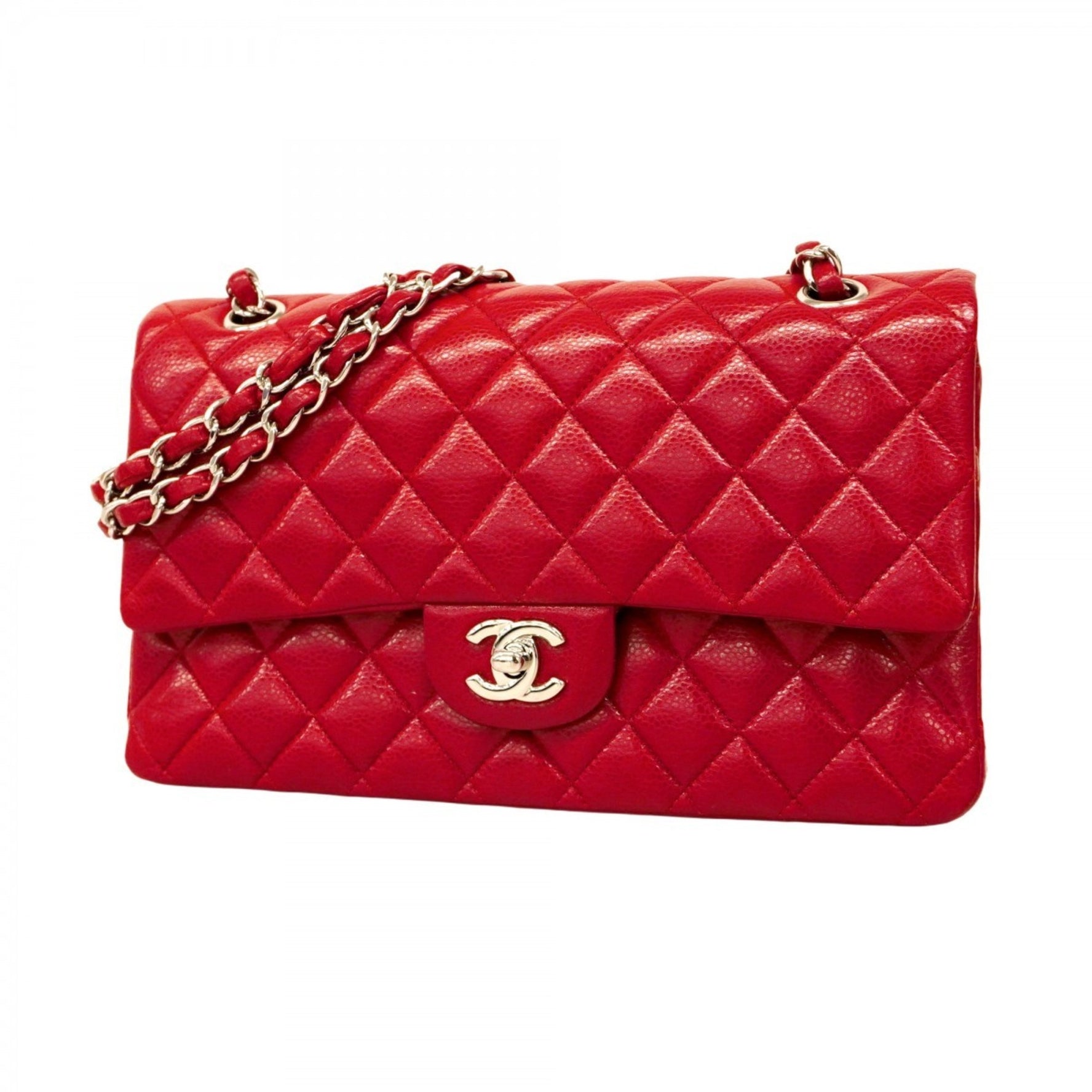 Chanel Matelasse Shoulder Bag with Double Flap and Chain, Caviar Leather, Red