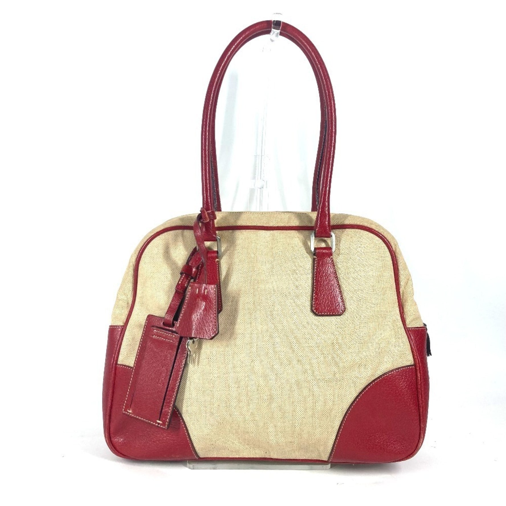 PRADA Bicolor Triangle Logo Plate Bag Shoulder Boston Leather Canvas Beige
