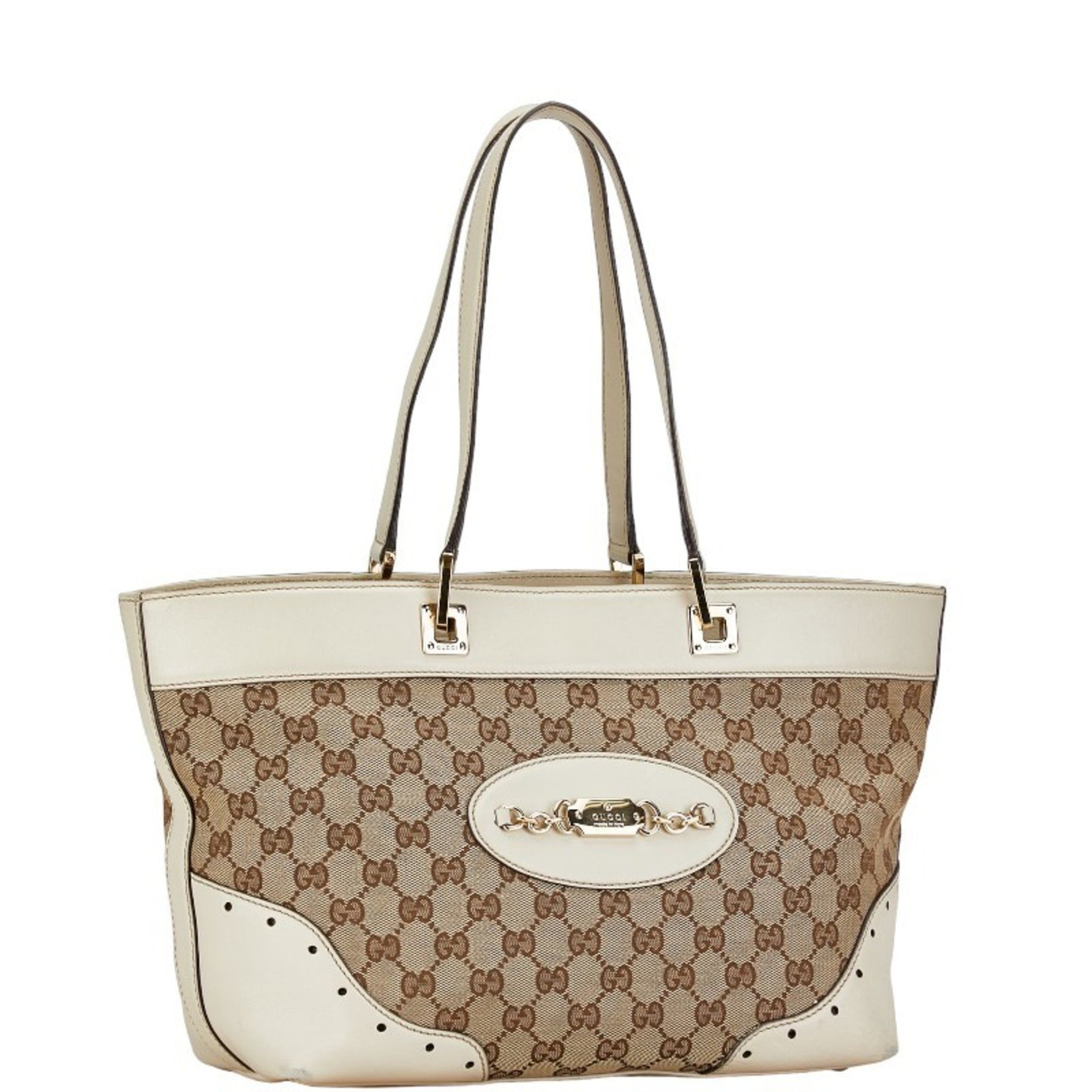 Gucci GG Canvas Handbag Tote Bag Beige White Leather