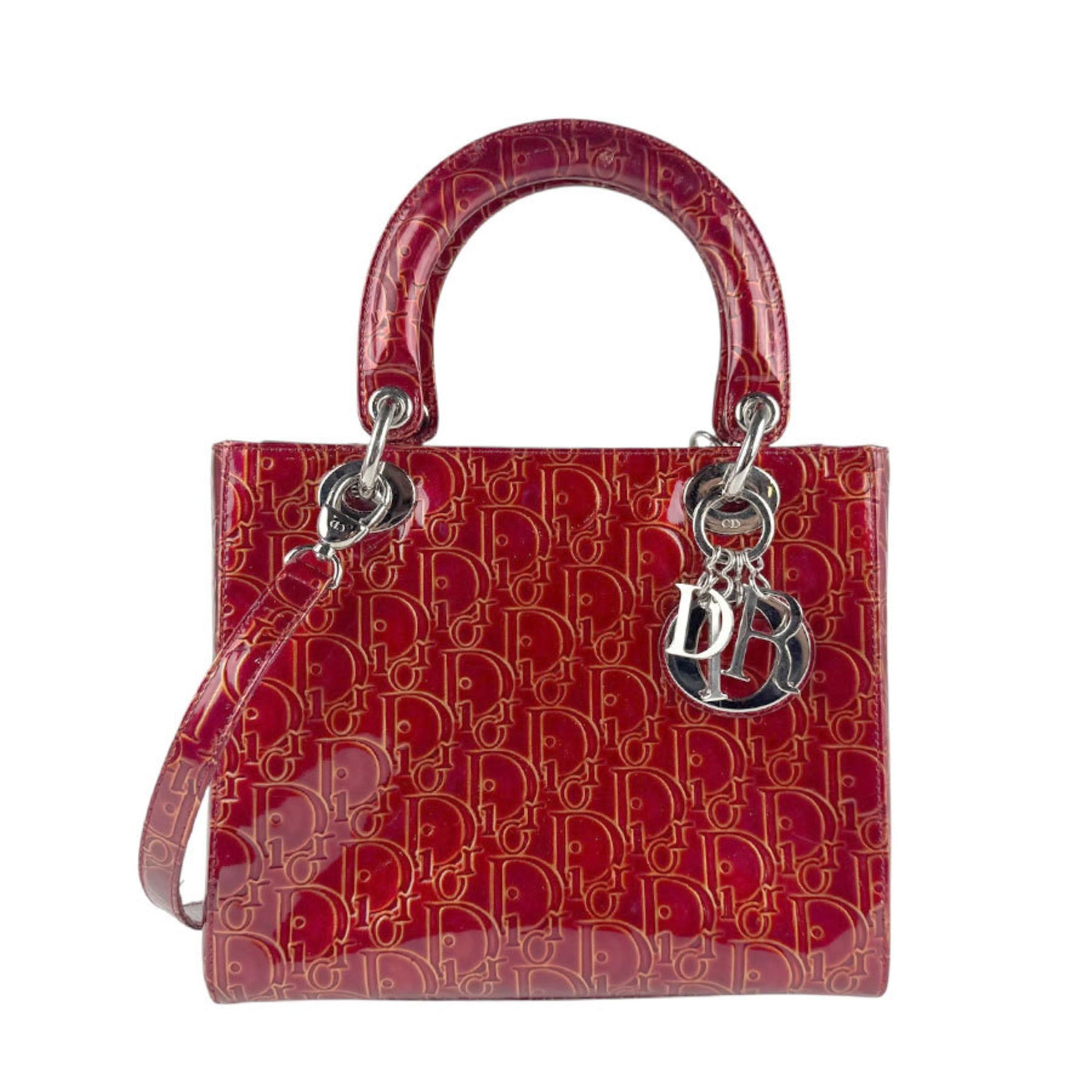 Christian Dior Lady handbag/shoulder bag in patent leather, red and silver