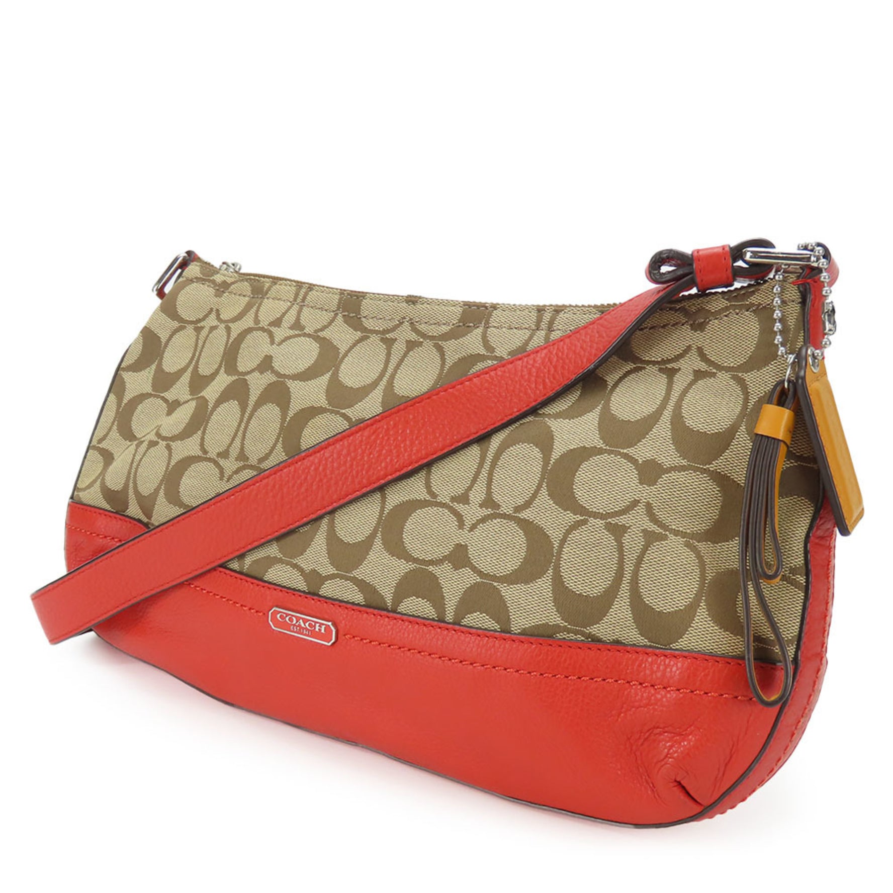 Coach Shoulder Bag Signature Canvas Leather Red Brown