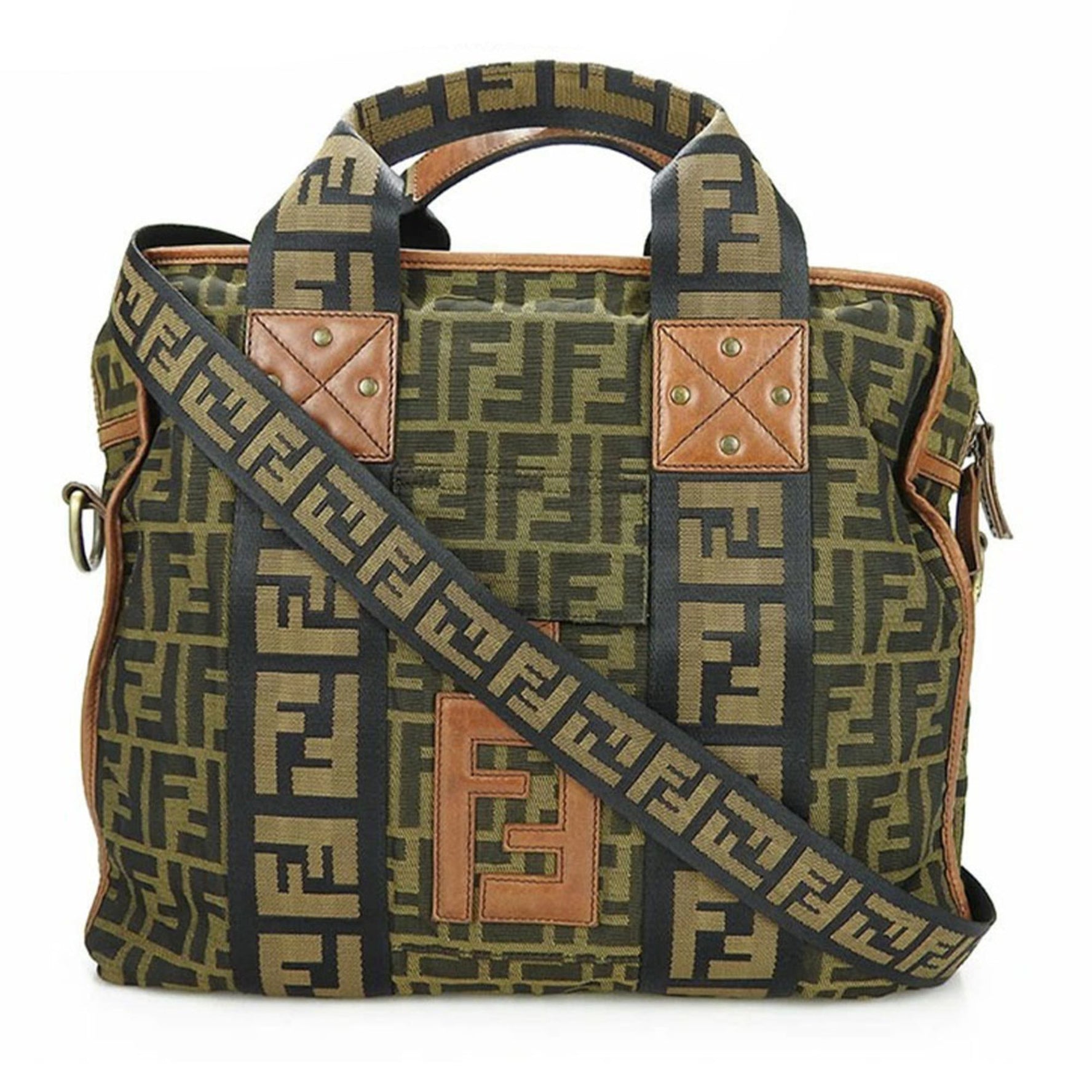 FENDI handbag zucca shoulder nylon leather gold hardware hand bag canvas brown