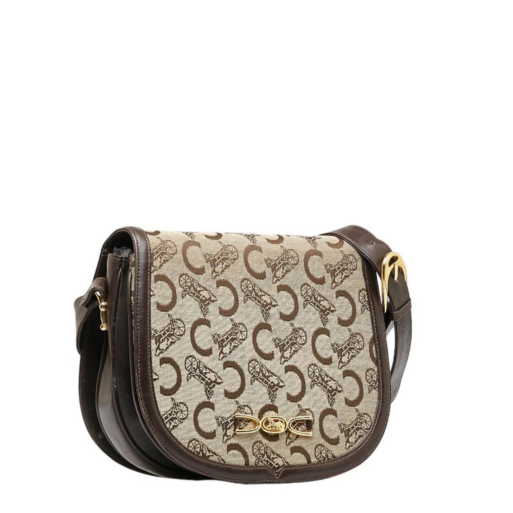 Celine C Macadam Shoulder Bag Beige Brown Canvas Leather