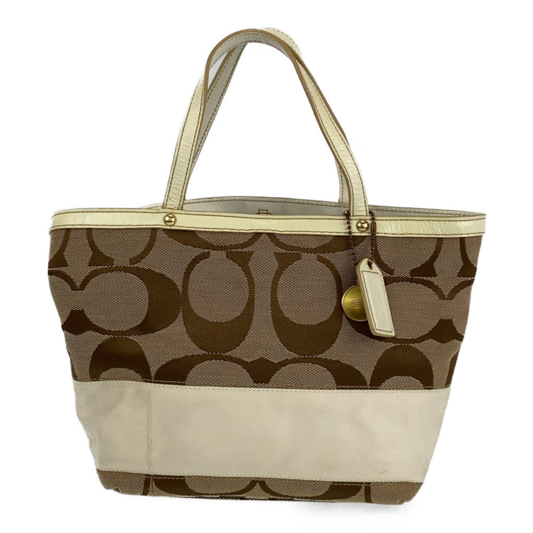 COACH Signature Beige White Gold Hardware Leather Canvas Tote Bag Handbag