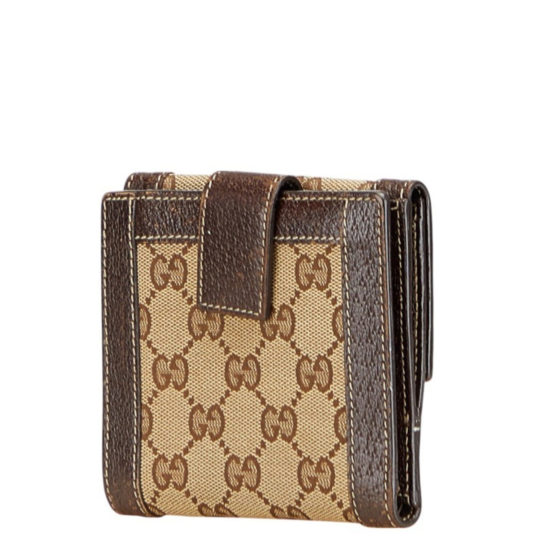Gucci GG Canvas Bifold Wallet Beige Brown Leather