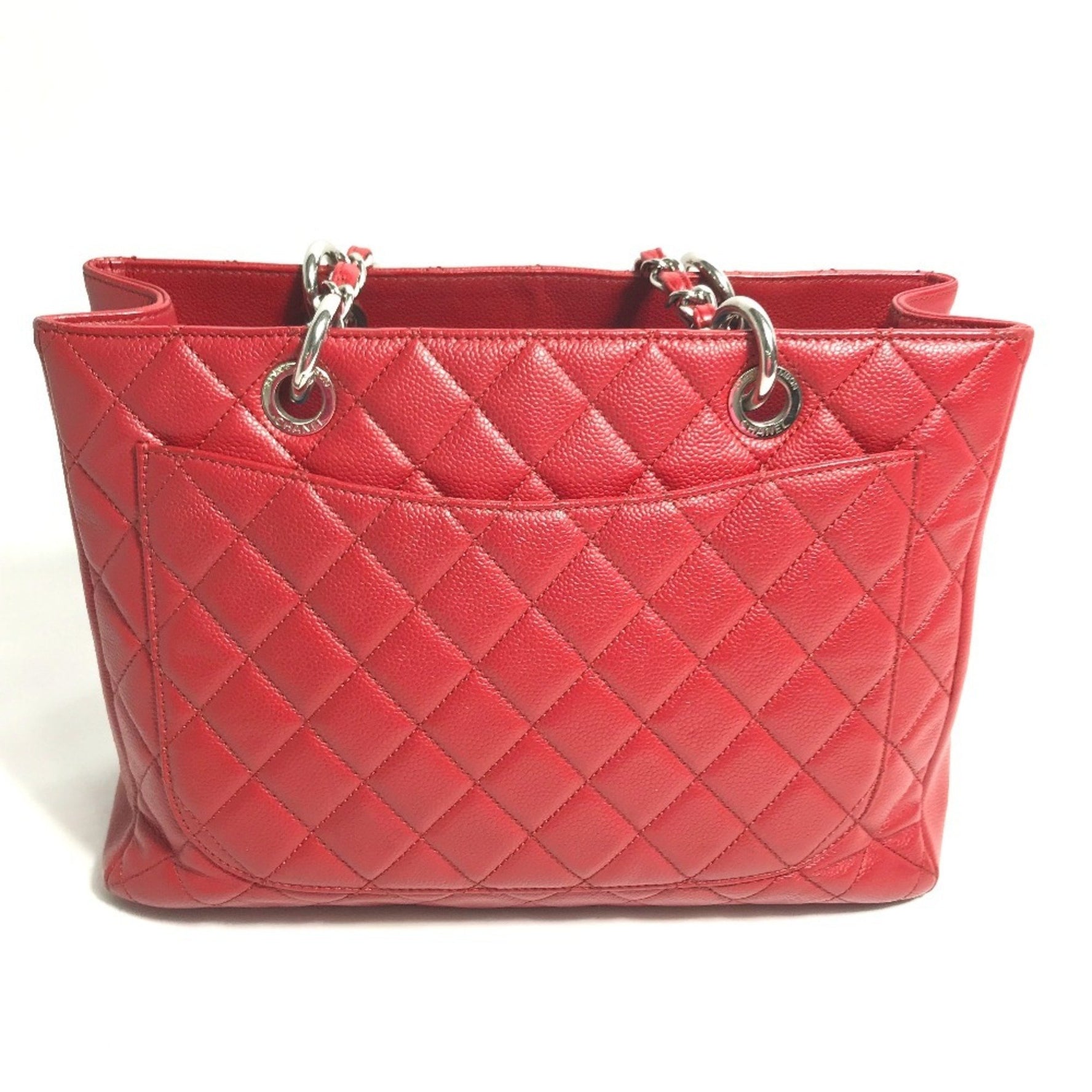 CHANEL CC Coco Mark Matelasse Quilted Chain GST Shoulder Bag Tote in Caviar Leather, Red