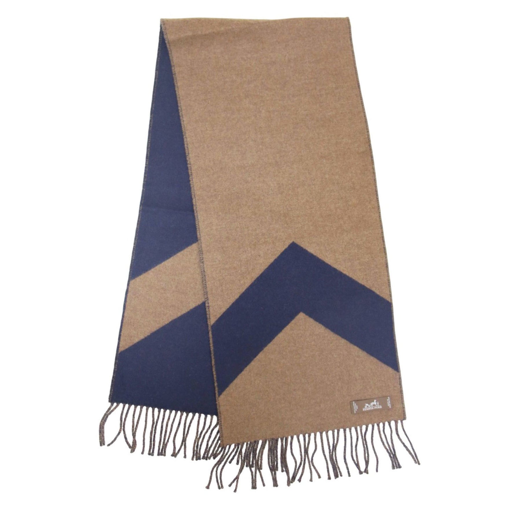 HERMES Echarpe Kazak Chevron Cashmere Scarf Bicolor Reversible Double Face Made in England Brown Navy