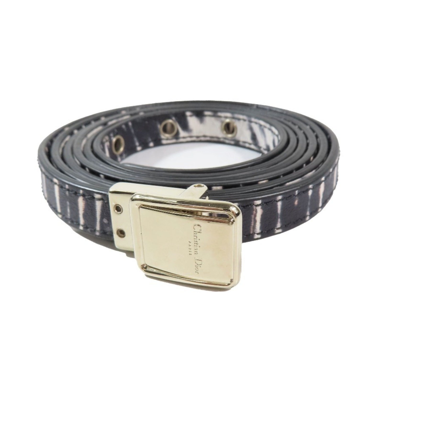 Christian Dior Leather Gold Hardware Logo Buckle Animal Print Narrow Belt All-over Pattern Black White