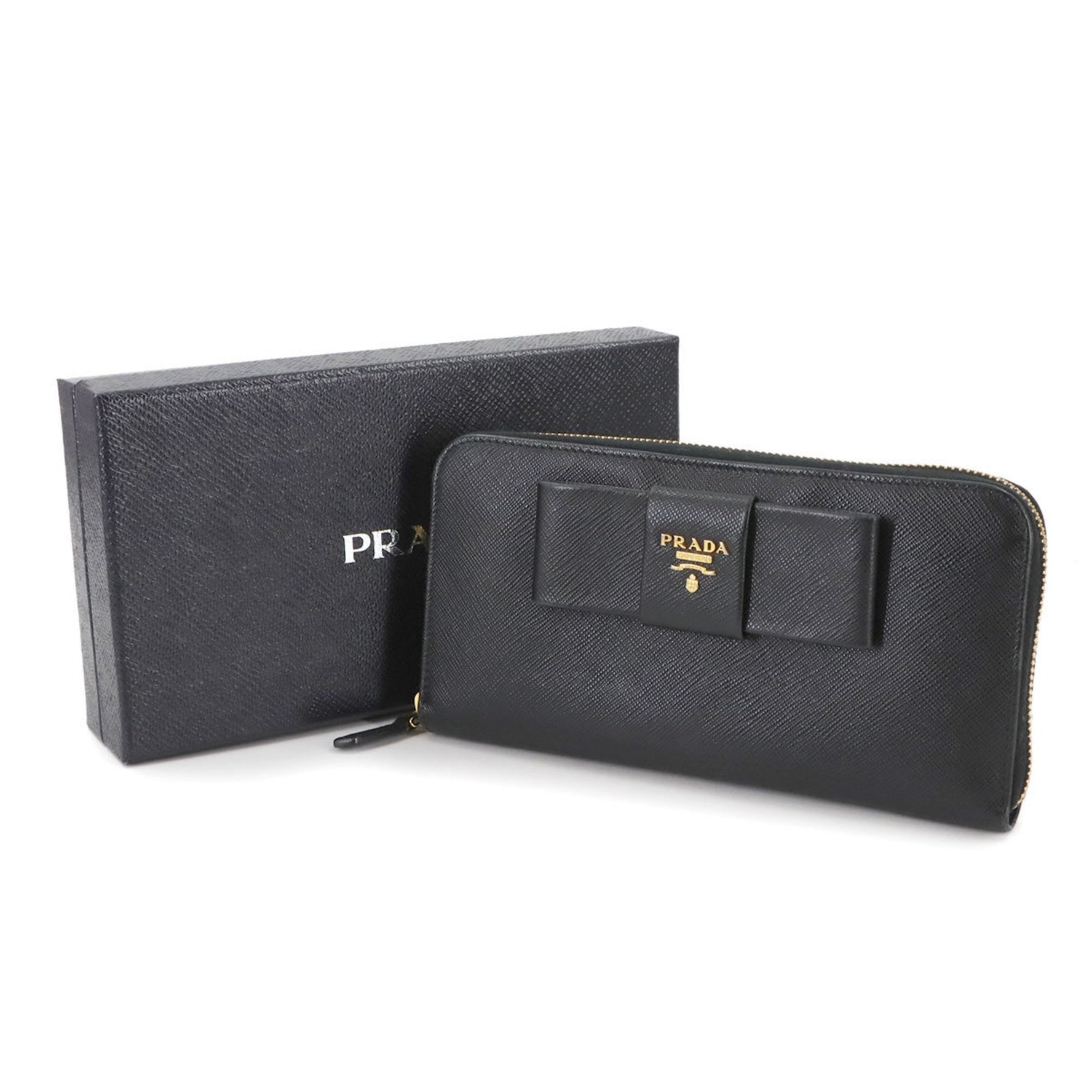 PRADA Ribbon Zipped Around Long Wallet in Saffiano Leather, Black, 1M0506