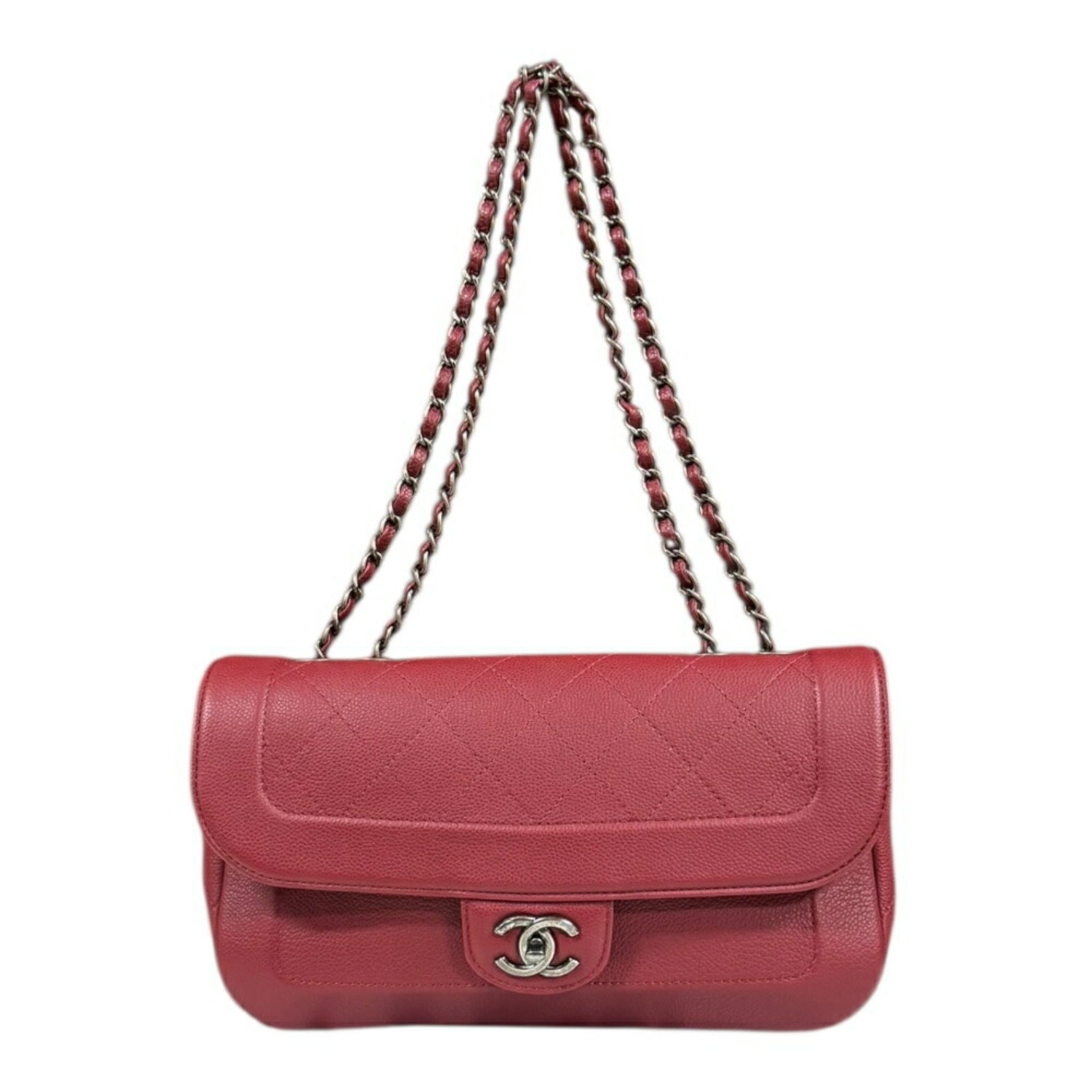 CHANEL Matelasse Shoulder Bag Leather Red W Chain