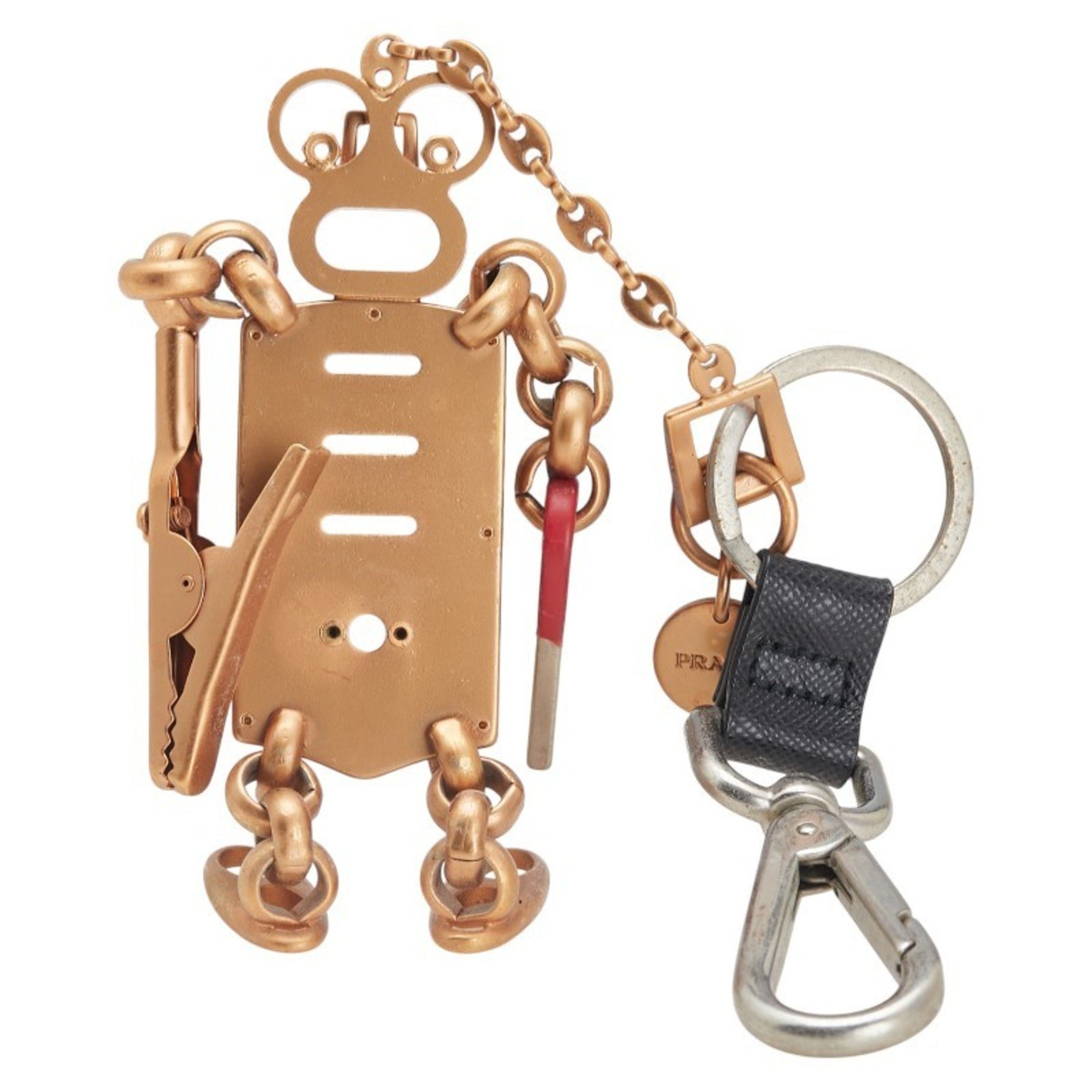 Prada Robot Charm Key Ring Keychain Bag Gold Red Silver Plated Saffiano Leather
