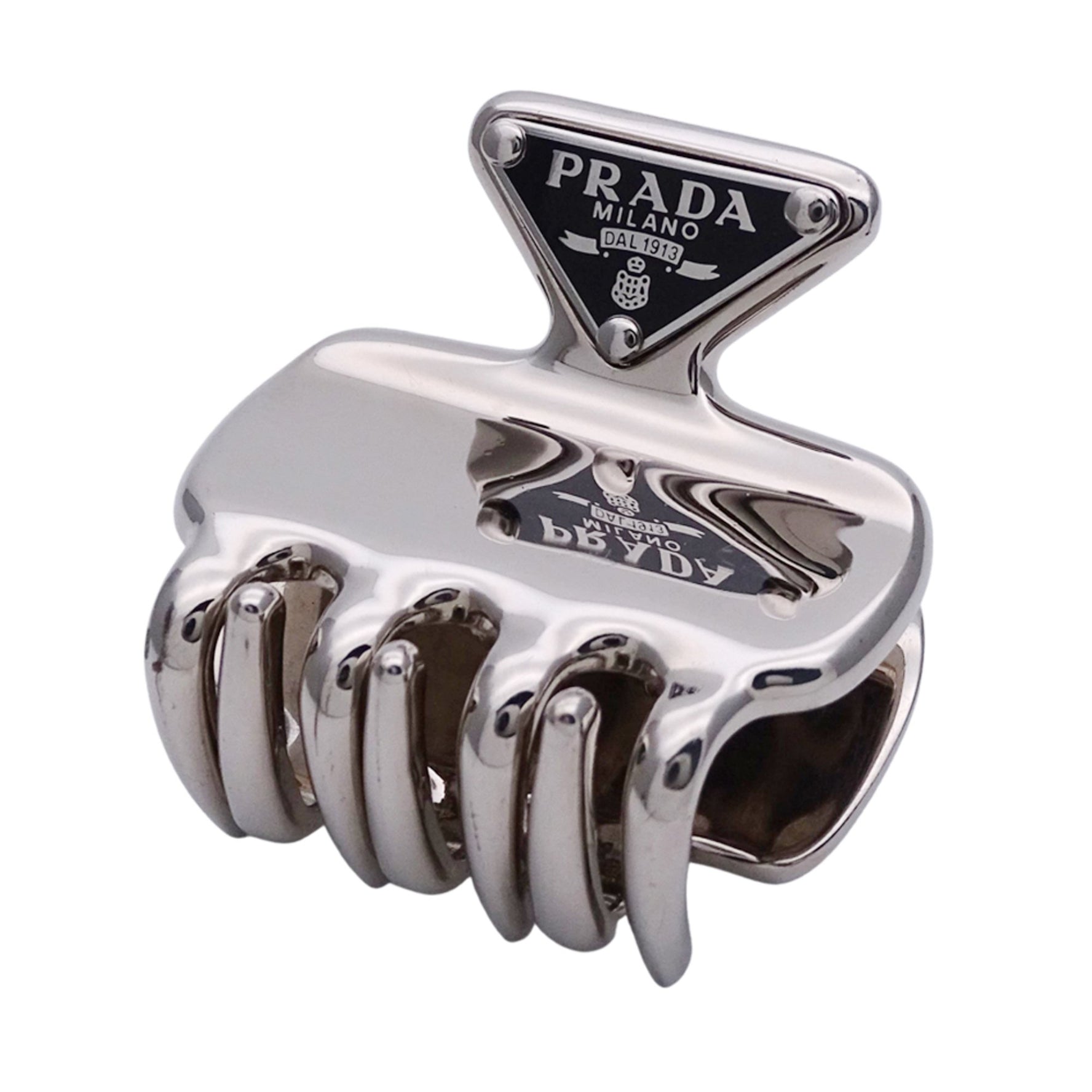 Prada Stainless Steel Hair Clip in Silver and Black with Mini Triangle Logo