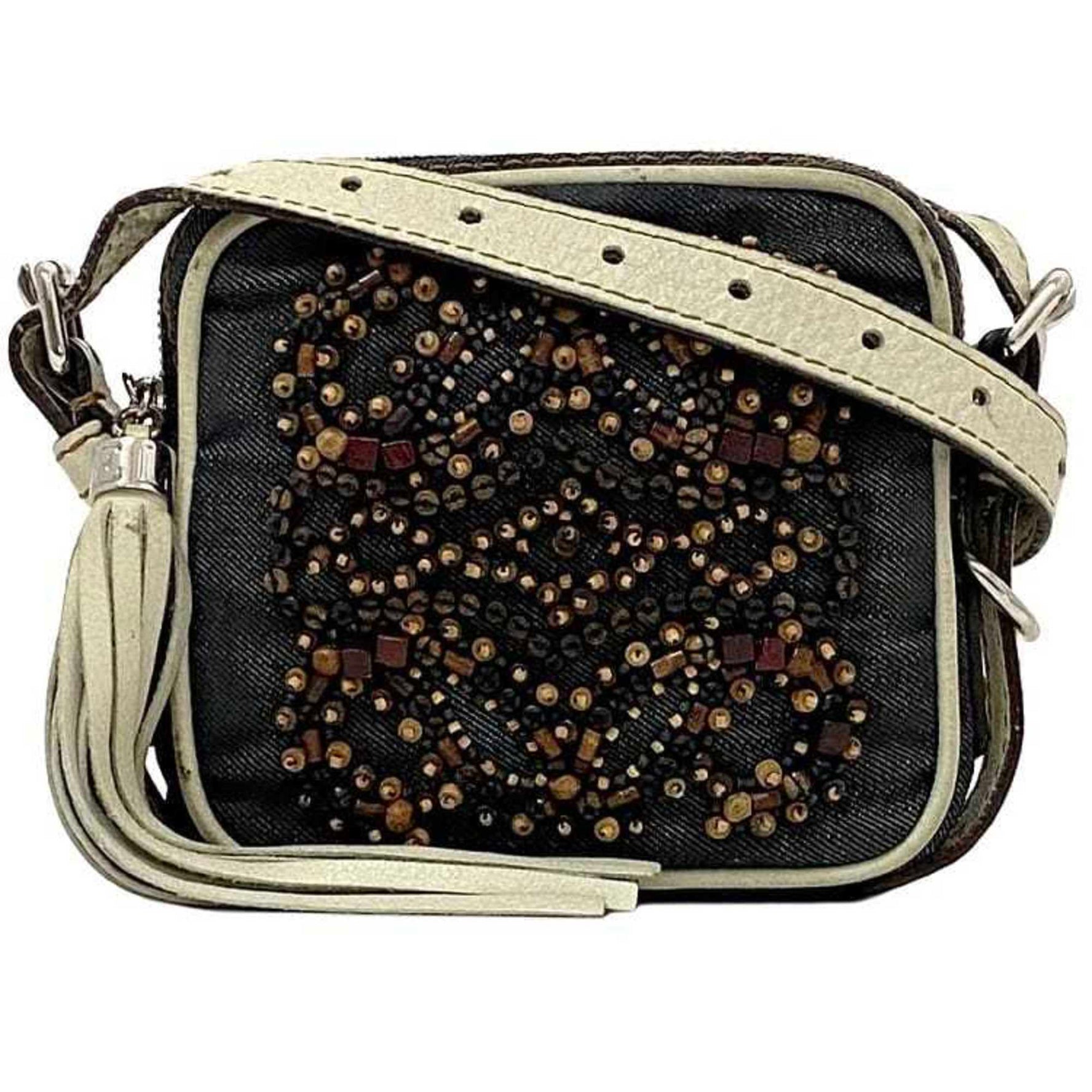 LOEWE Shoulder Bag Navy White Anagram Denim Canvas Leather Wood Beads Square Pochette Tassel Wooden