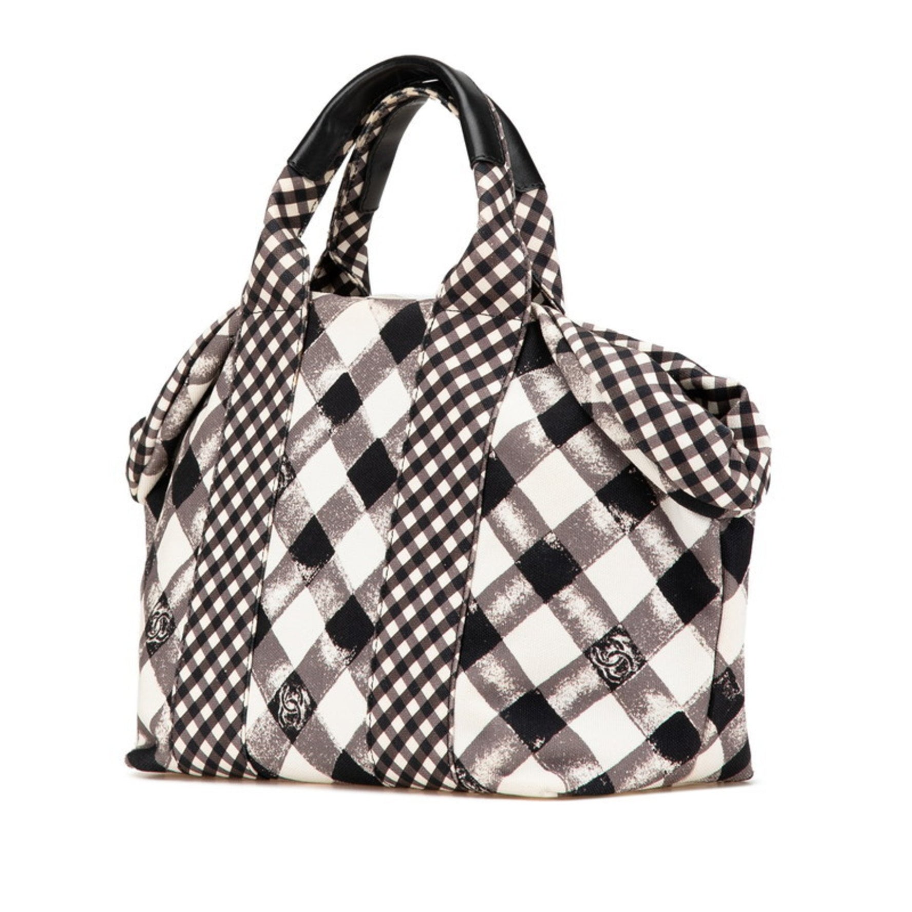 CHANEL Cruise Line Gingham Check Coco Mark Handbag Black White Canvas Leather