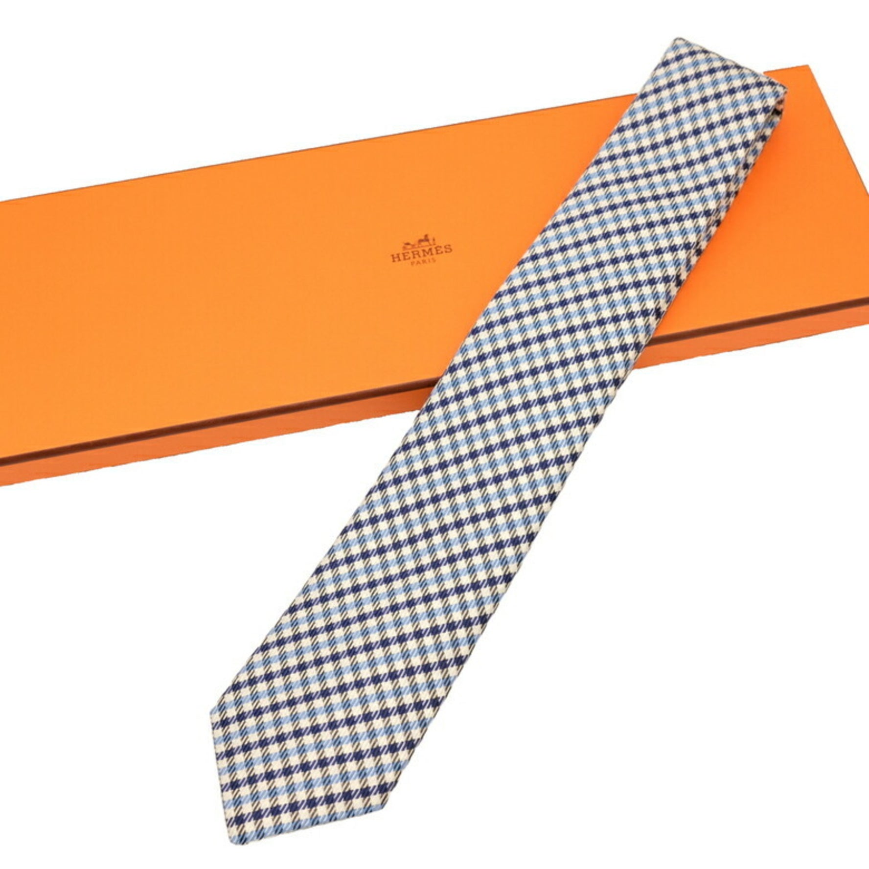 HERMES tie blue white check silk