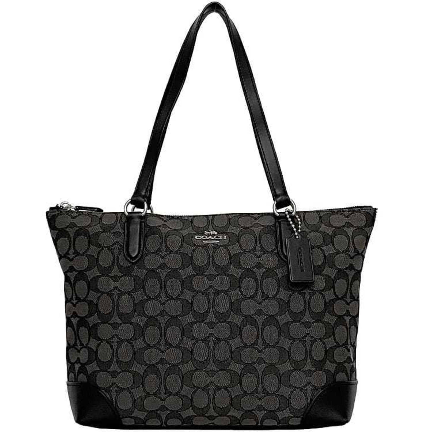 Coach Tote Bag Grey Black Signature Canvas Leather