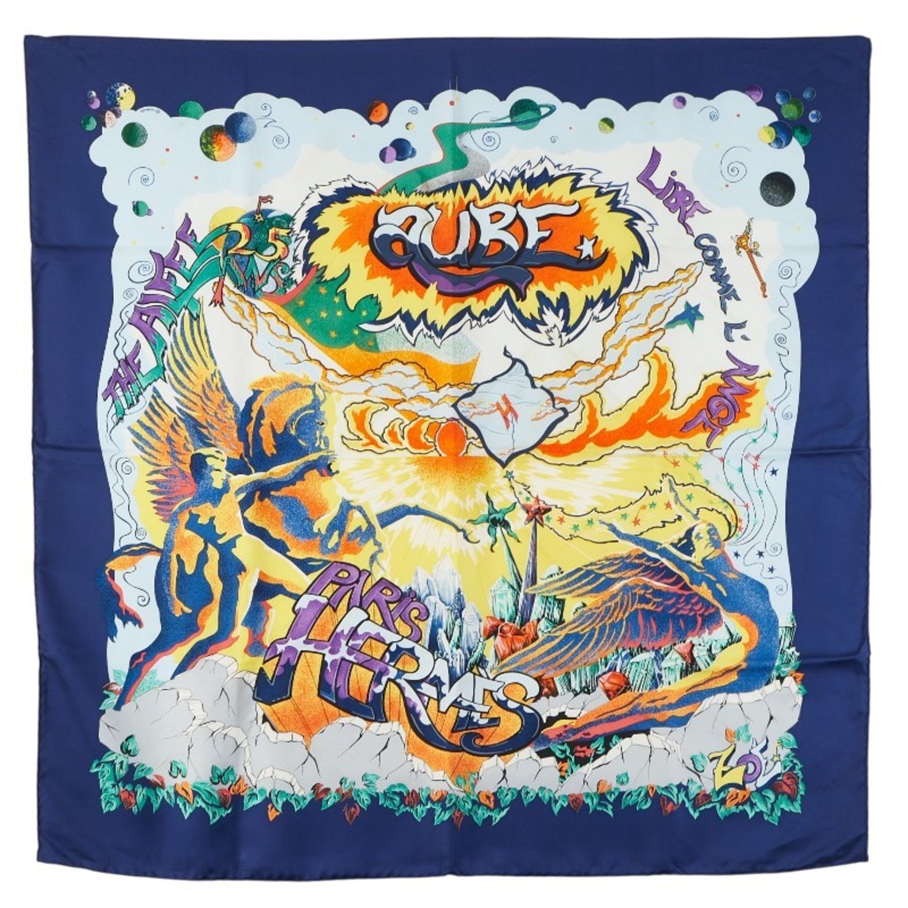 Hermes Hermès Carré 90 "THE ALFEE" Anniversary AUBE LIBRE COMME L'ANGE Dawn Scarf, Blue Multicolor Silk
