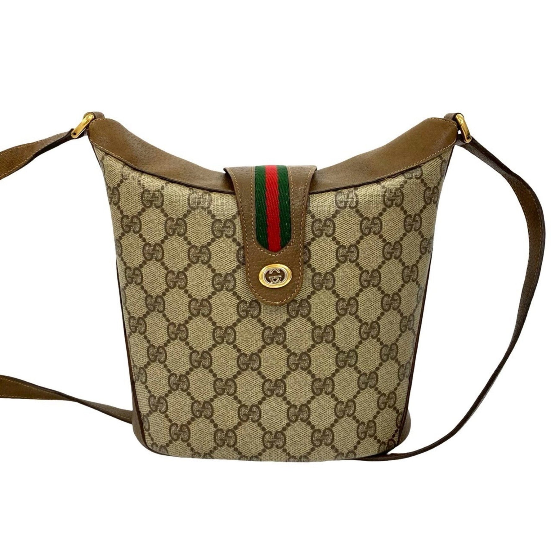 GUCCI Old Vintage Sherry Line GG Logo Hardware Leather Shoulder Bag Brown