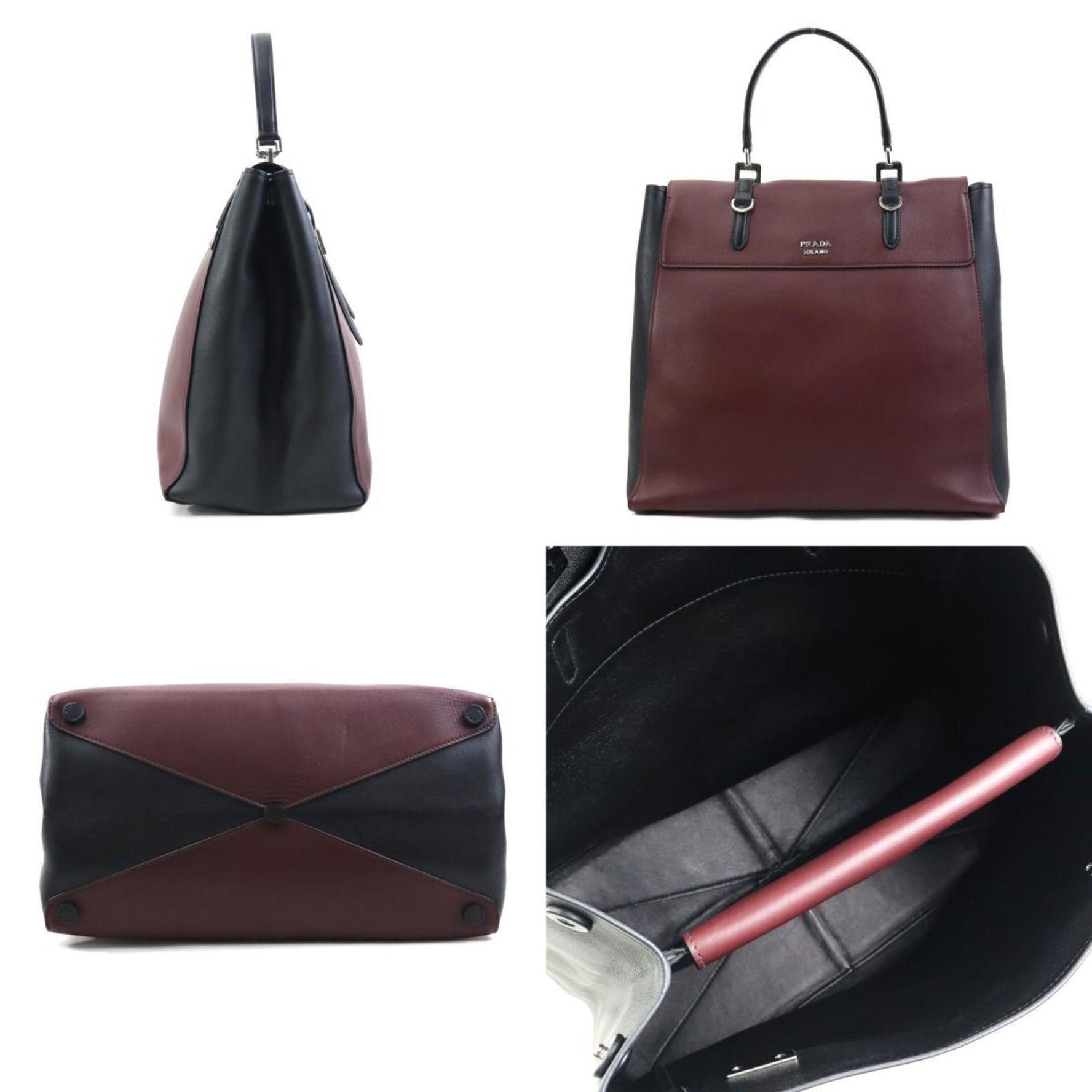 PRADA handbag shoulder bag leather burgundy black silver women's e59977a