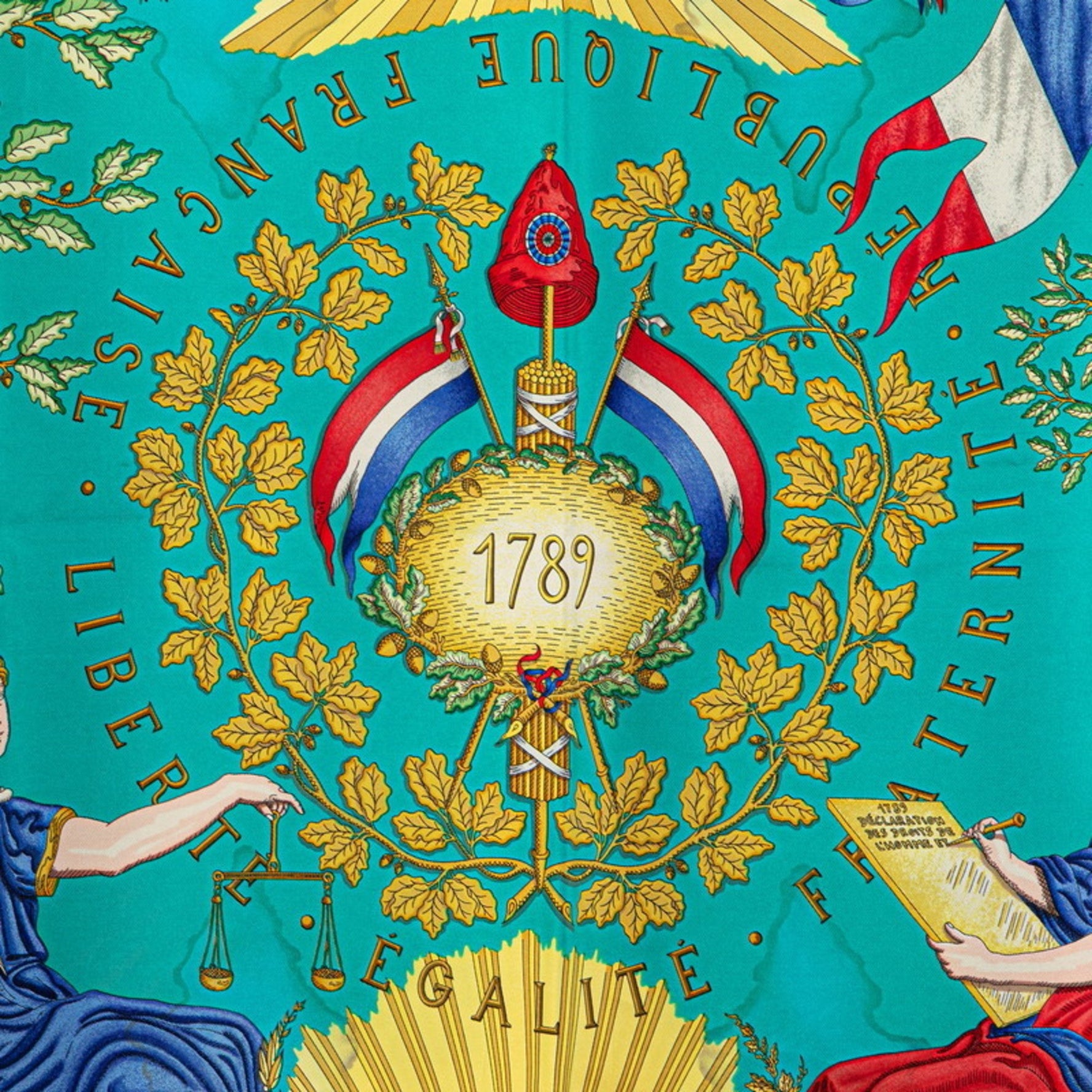 Hermès Carré 90 1789 LIBERTE EGALITE FRATERNITE REPUBLIQUE FRANCAISE Scarf Commemorating the French Revolution, Navy Blue Multicolor Silk, HERMES