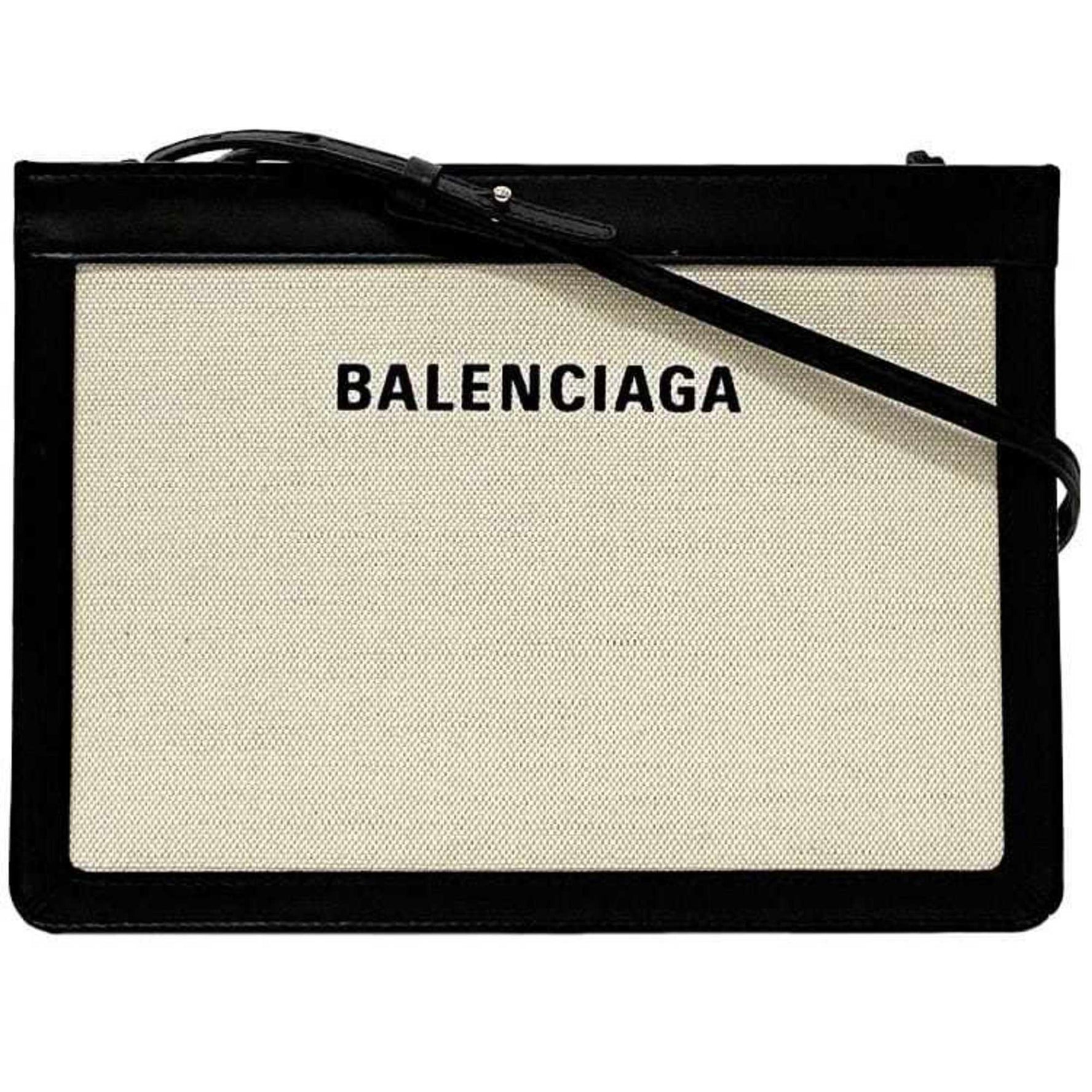 Balenciaga Shoulder Bag Navy Pochette Natural White Black Canvas Leather 1080 Y Crossbody Freestanding Square