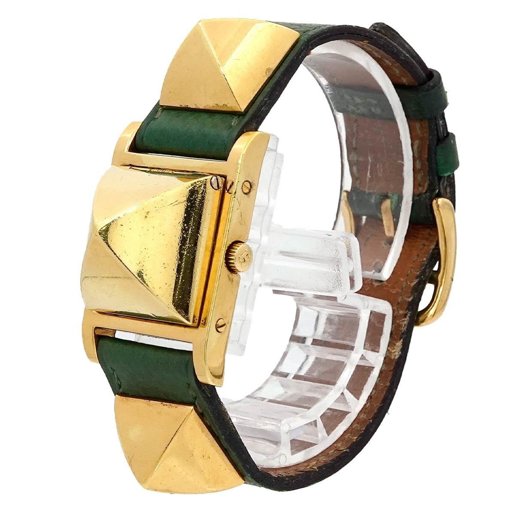 Hermes Medor Ladies Watch Pyramid Gold Studs White Green Leather Quartz