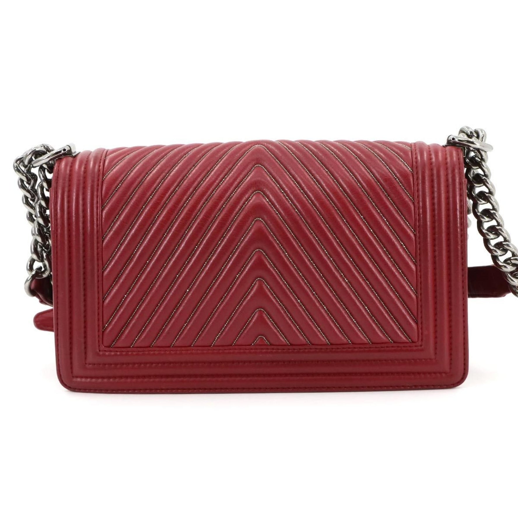 CHANEL Boy Chain Shoulder Bag Leather Red Chevron V Stitch Silver Metal Fittings