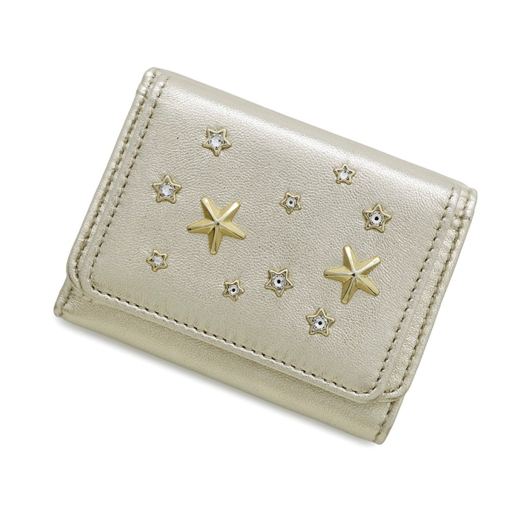 Jimmy Choo Nemo Tri-fold Wallet in Metallic Nappa Leather with Crystal Star Studs. NEMOAUR