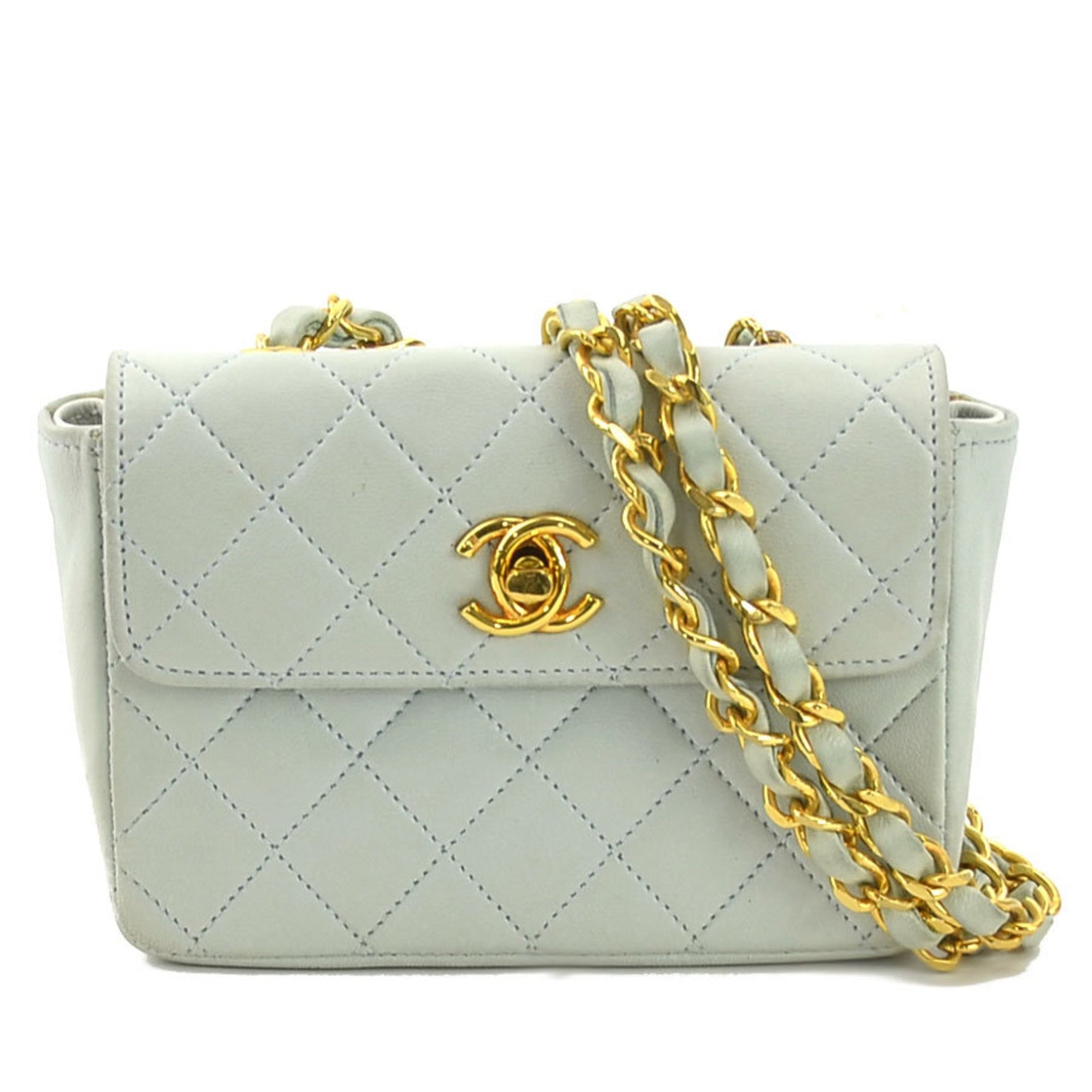 CHANEL Shoulder Bag Matelasse Leather Light Blue Gold