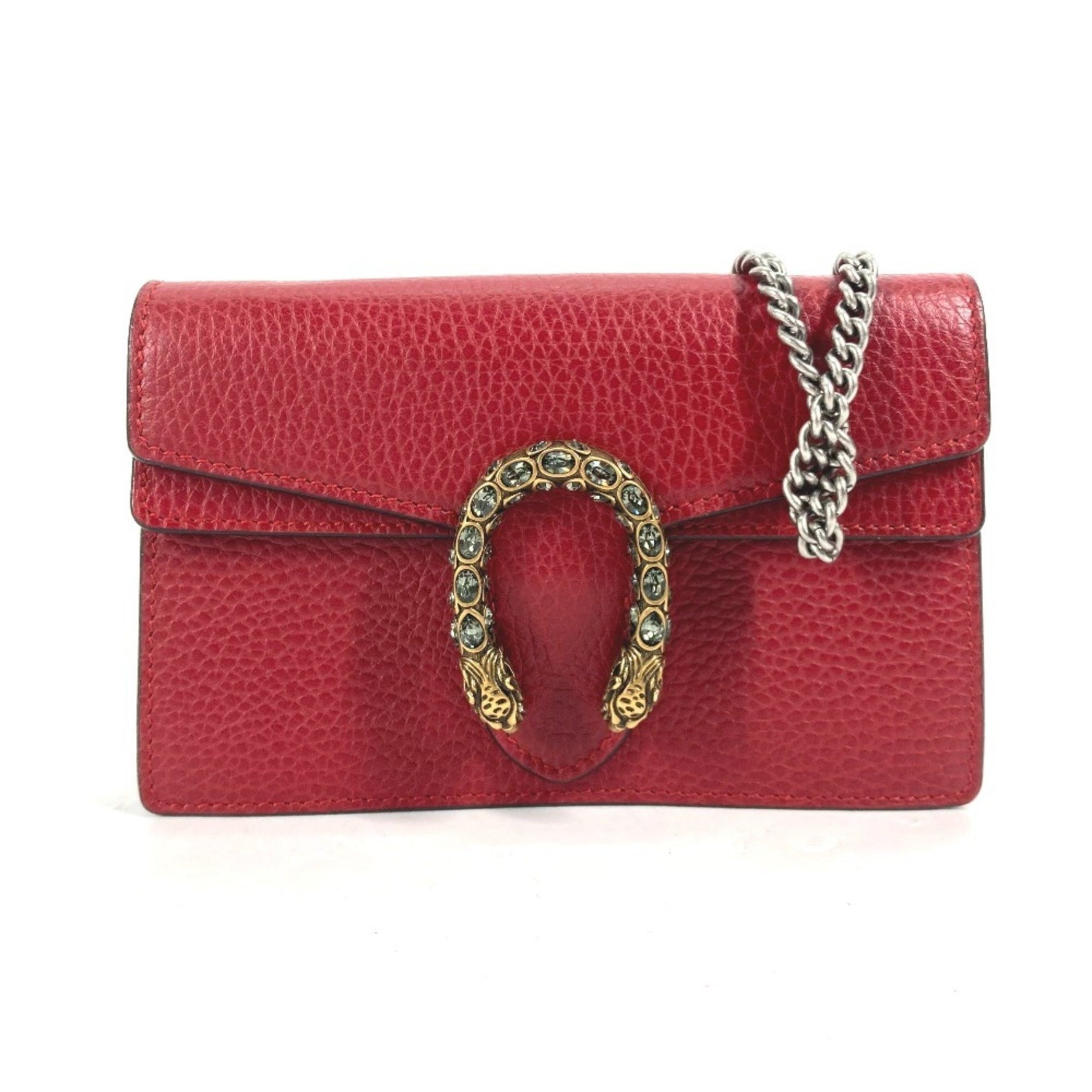 GUCCI Bag, Pouch, Clutch Dionysus Rhinestone Chain Shoulder Leather, Red, Like New