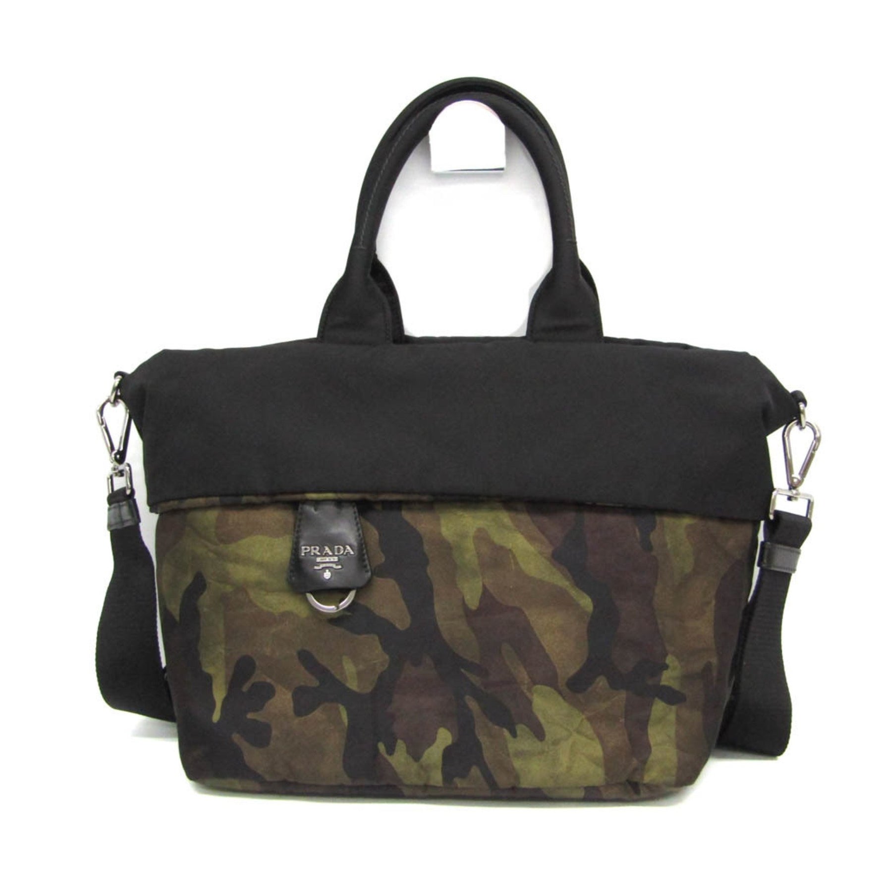 Prada Camouflage Reversible Nylon,Leather Handbag,Shoulder Bag Black,Khaki