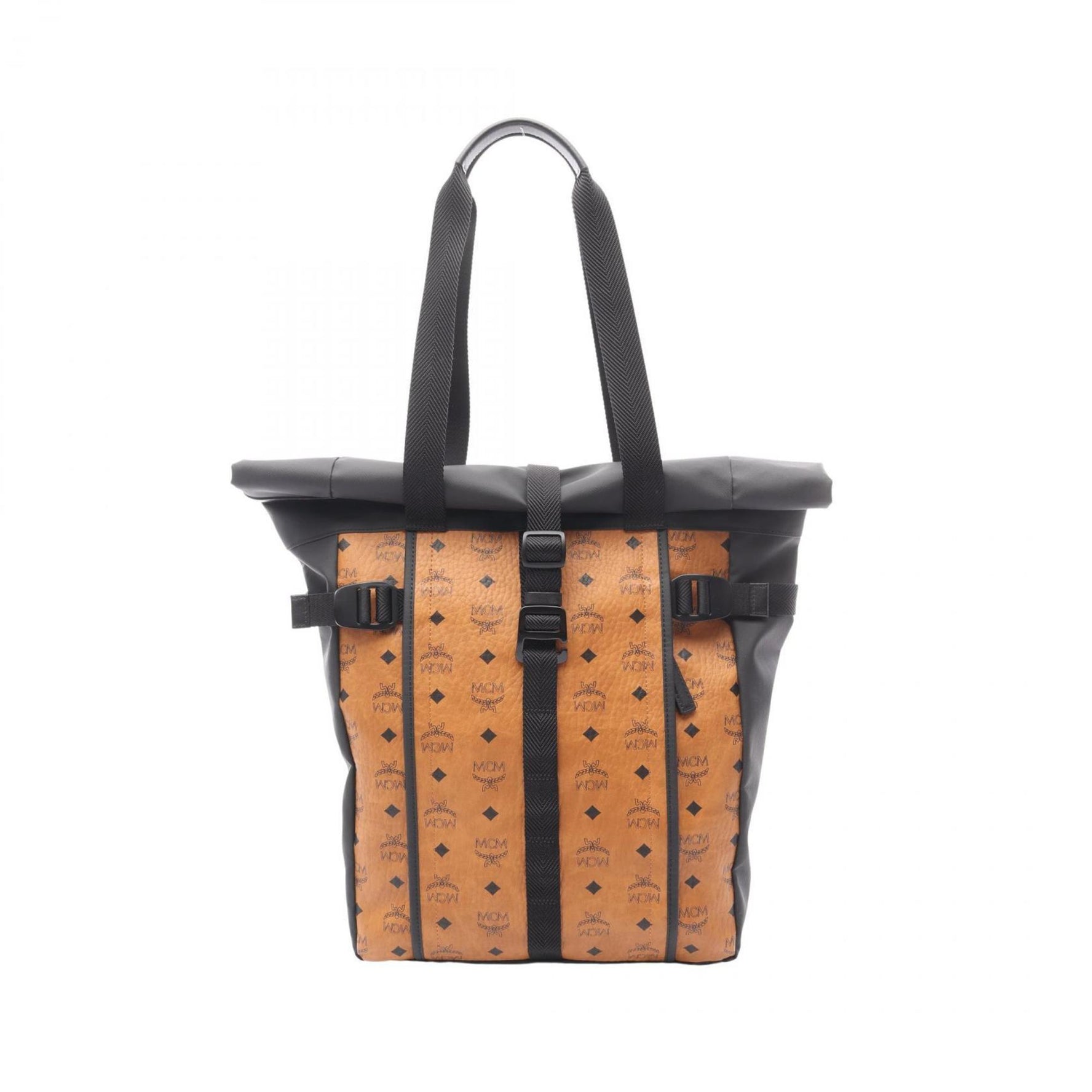 MCM Roll Top Utility Shopper Bag, Tote Coated Canvas and Leather, Brown Black
