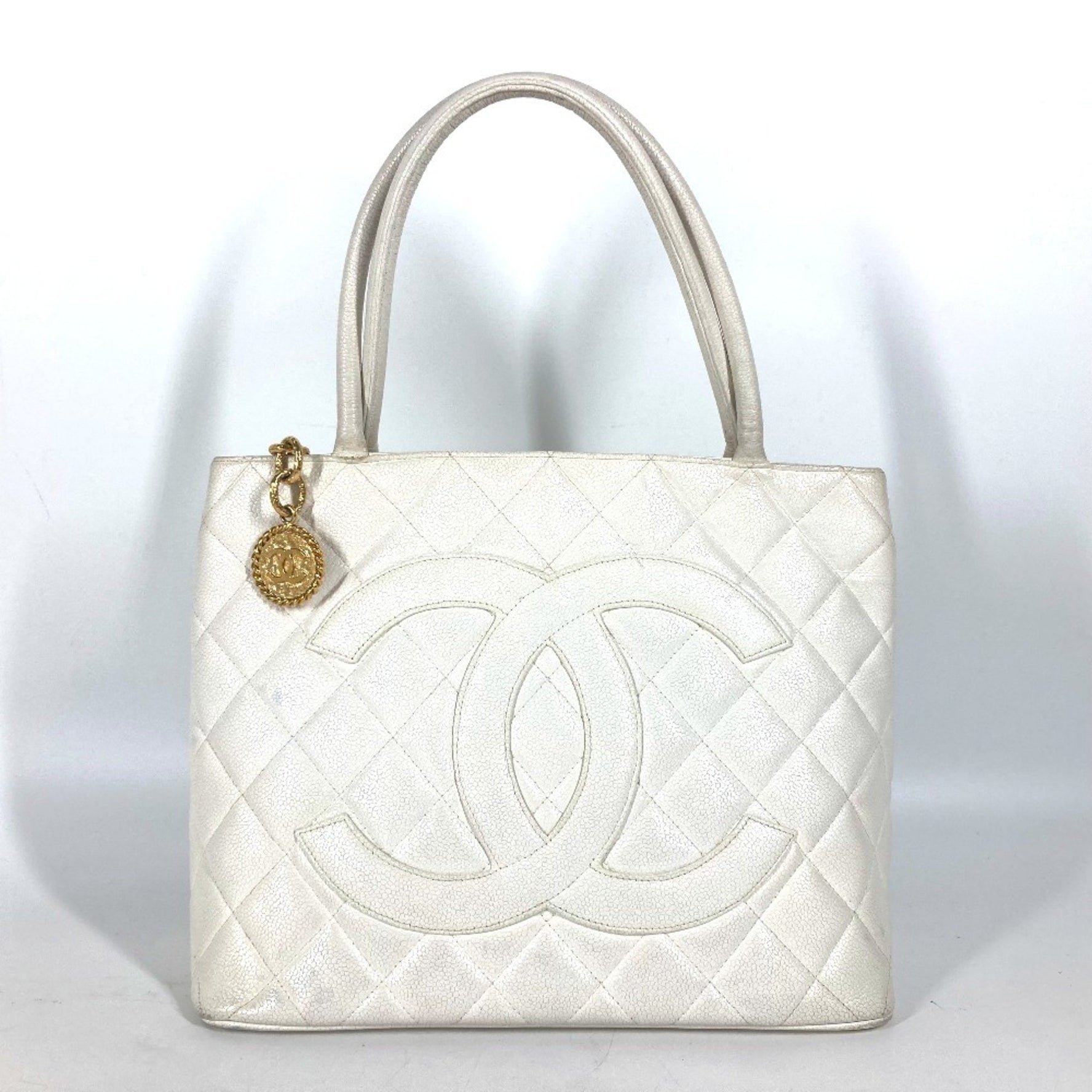 CHANEL Quilted Matelasse CC Coco Mark Reprint Tote Shoulder Bag Caviar Skin