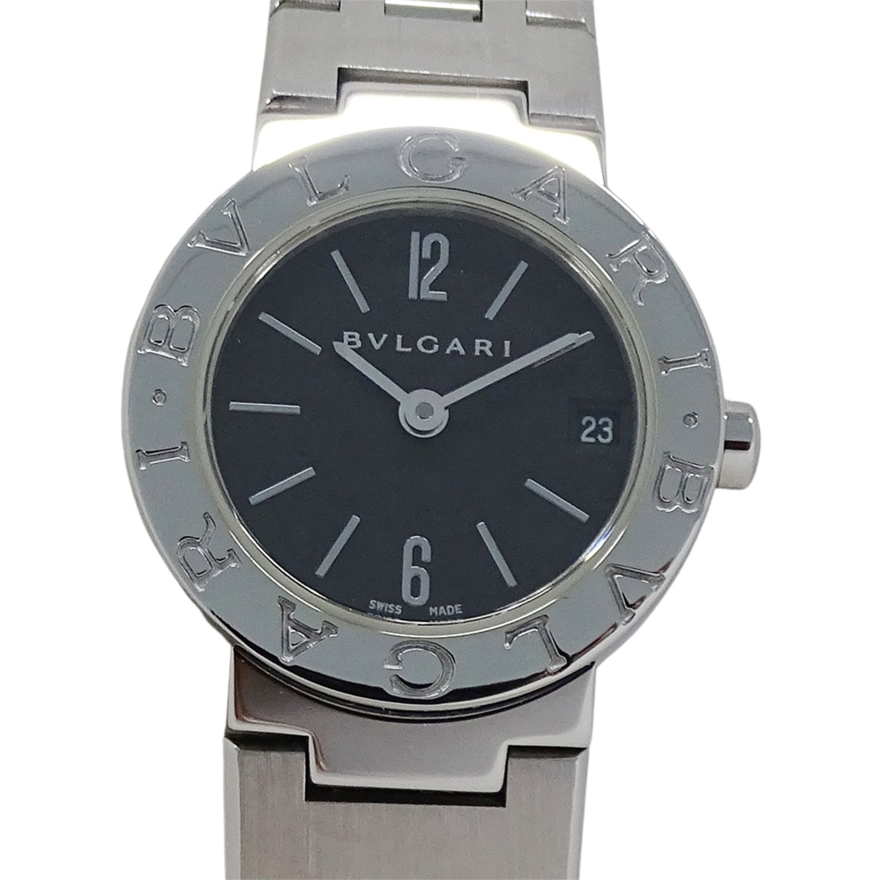 BVLGARI Watch, Brand: Date Quartz QZ Stainless Steel SS Silver Black Round Polished