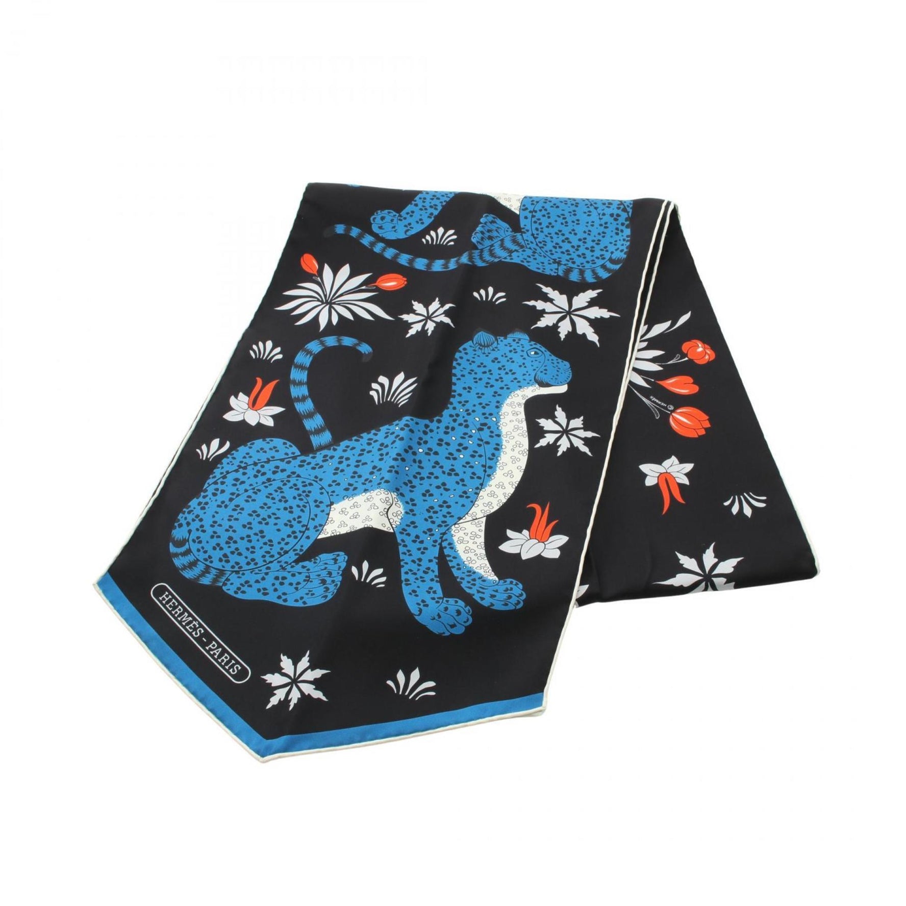 Hermes Hermès Maxi Twilly LES LEOPARDS Silk Scarf in Black, Blue, and Multicolor