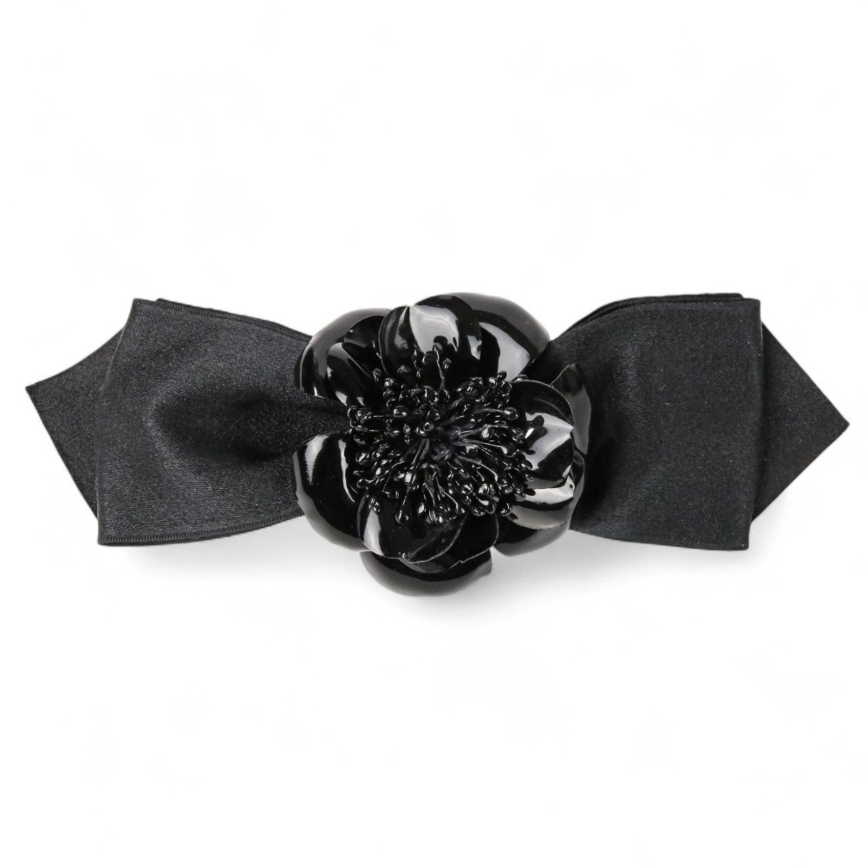 CHANEL Patent Camellia Motif Satin Ribbon Barrette Hair Accessory