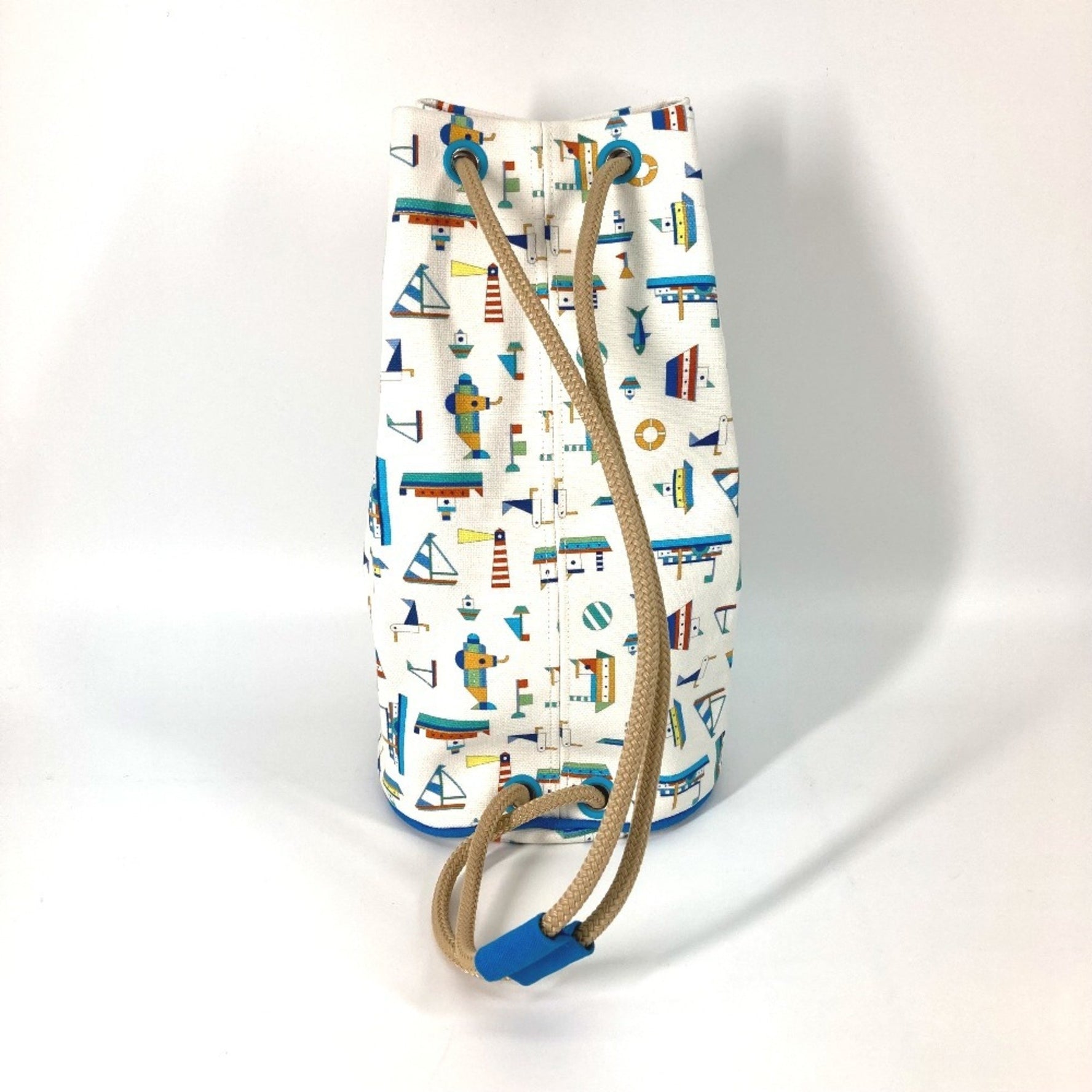 HERMES Marine Print Petit Chartier Drawstring Bag, Cotton Shoulder Kids, White x Blue